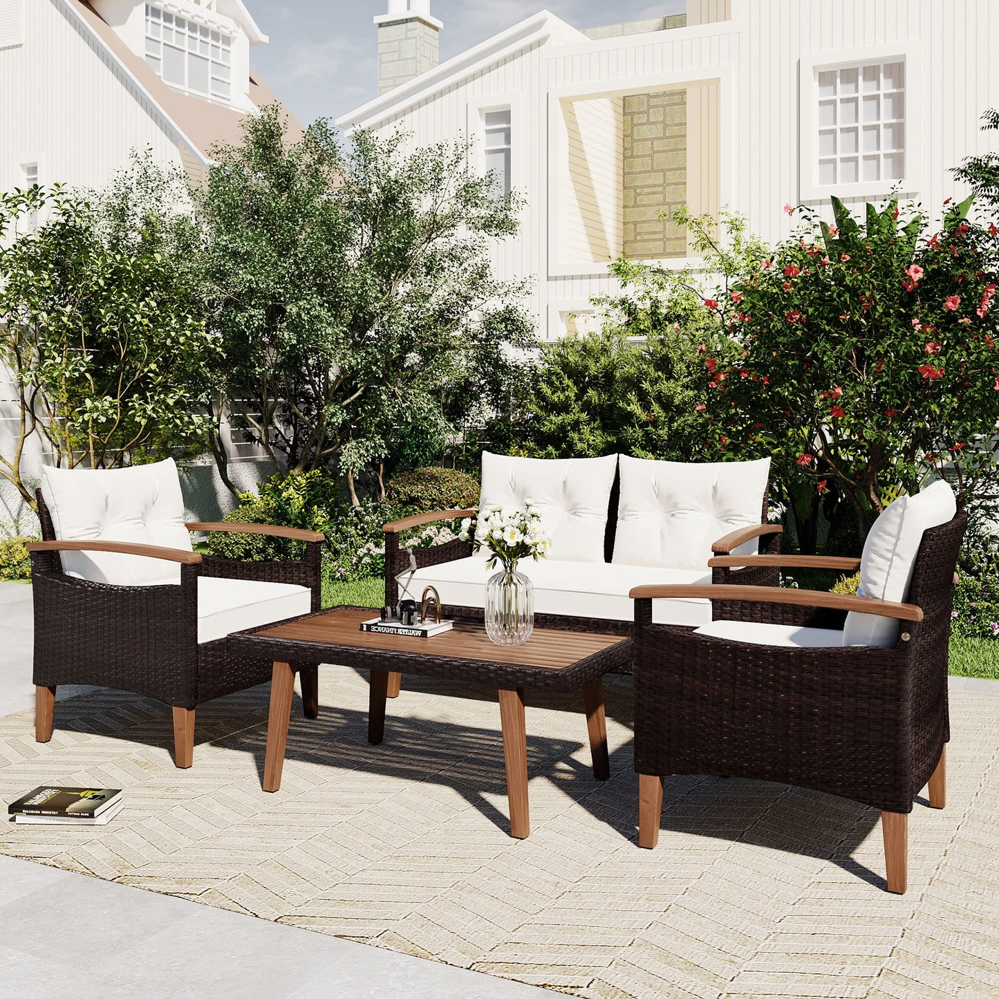 Merax Outdoor Patio Furniture Sets, Free Combination Rattan Sofa with Wood Tabletop, 9-piece, Grey