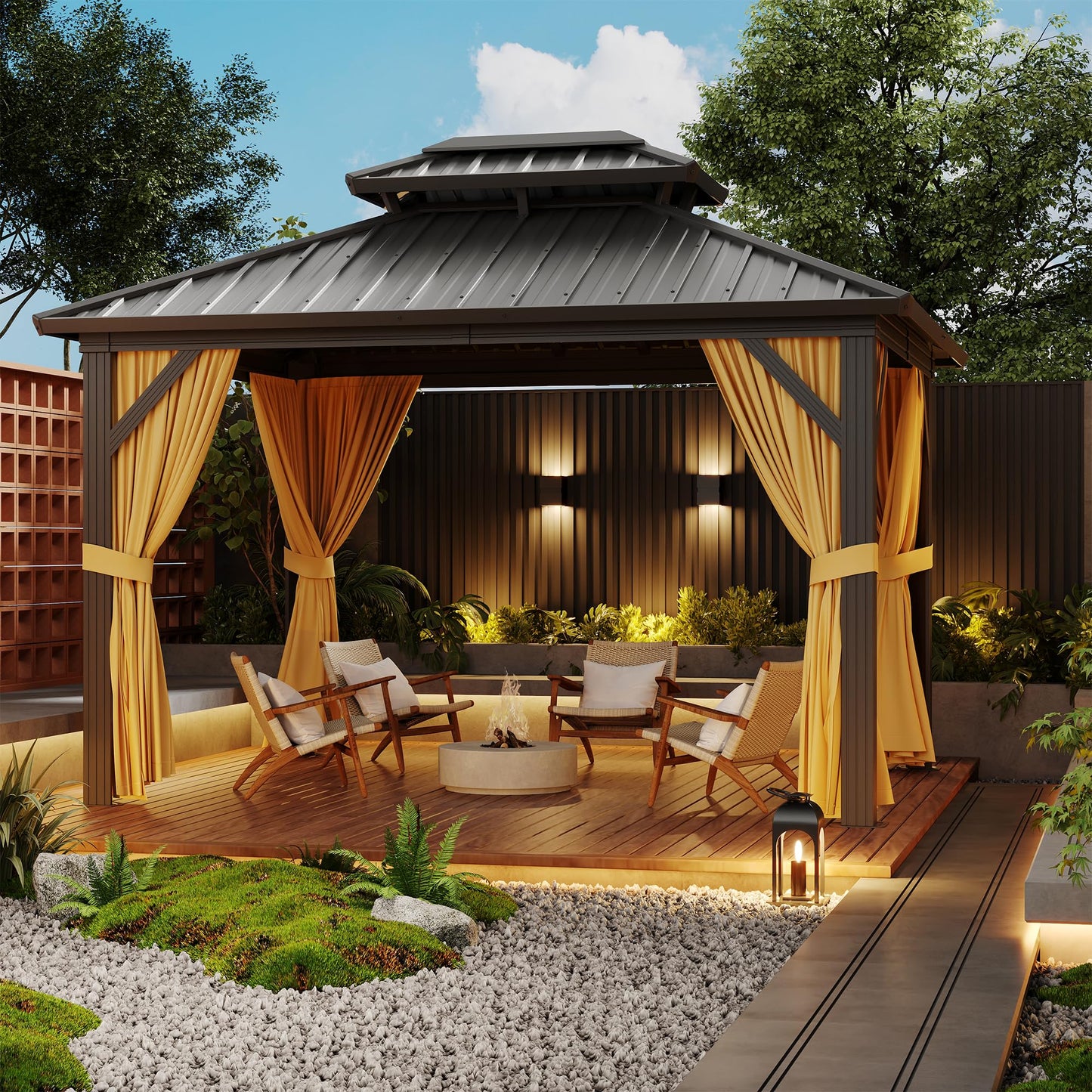 10x12 FT Hardtop Gazebo with Double Galvanized Steel Roof, Heavy-Duty Aluminum & Iron Frame, Mosquito Netting and Privacy Curtains, All-Weather Outdoor Pavilion for Patio Backyard Garden Deck, Khaki