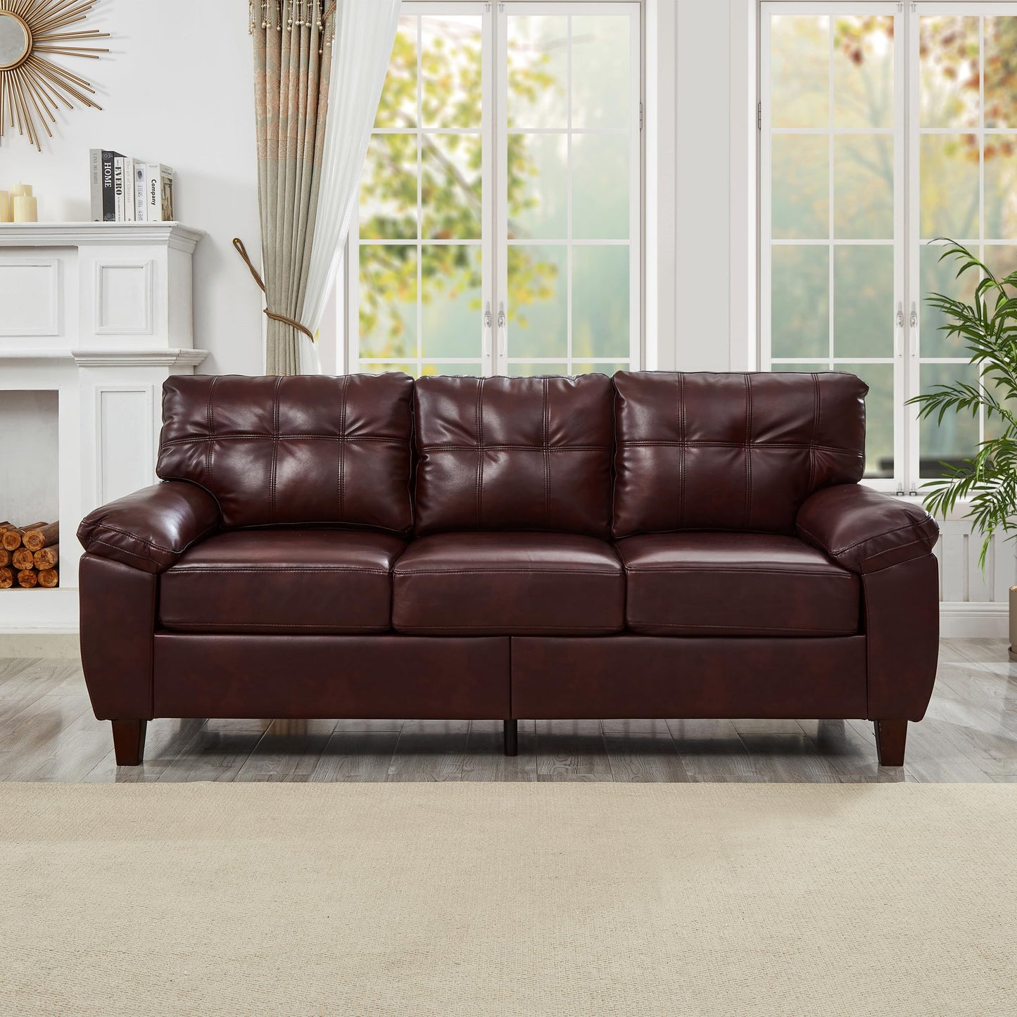KEIKI 79"Modern PU Leather Living Room Sofa Couch with Storage, Three Seat with Wide Armrests and Tufted Back Cushion, Comfortable Spring Seat Support Couch for Living Room Apartment Lounge, Burgundy