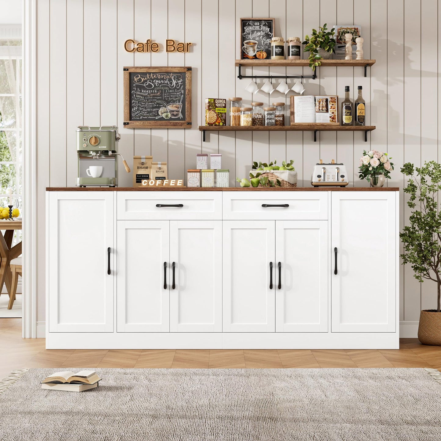 BOTLOG 71” Large Buffet Cabinet with Storage, Sideboard Buffet Cabinet with Adjustable Shelves and 6 Soft-Close Doors, Wood Coffee Bar Console Table for Kitchen, Dining Room, White