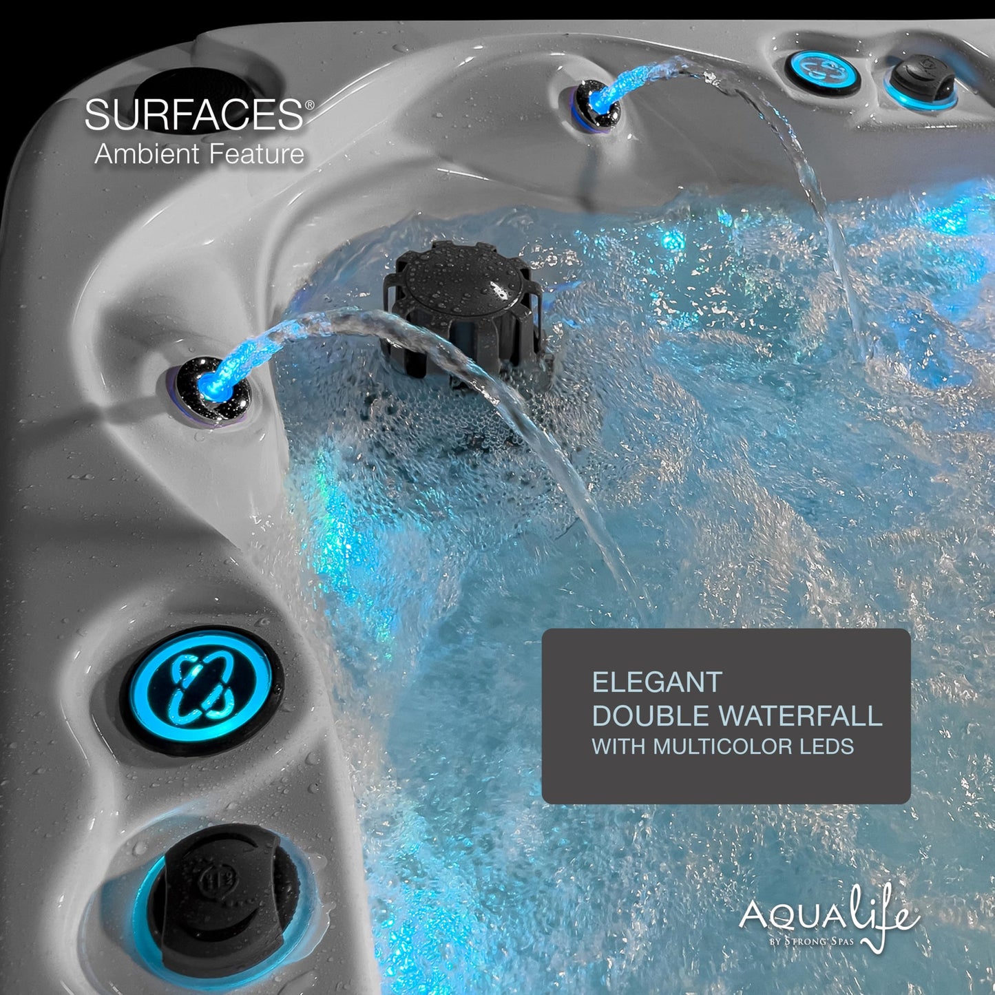 Surfaces Outdoor Hot Tub, Fits 4 Adults, 36 Jets, Double Lounger Seat Spa, Bluetooth, LED Lights, Cover Included, Wellness Tool, Aqualife by Strong Spas