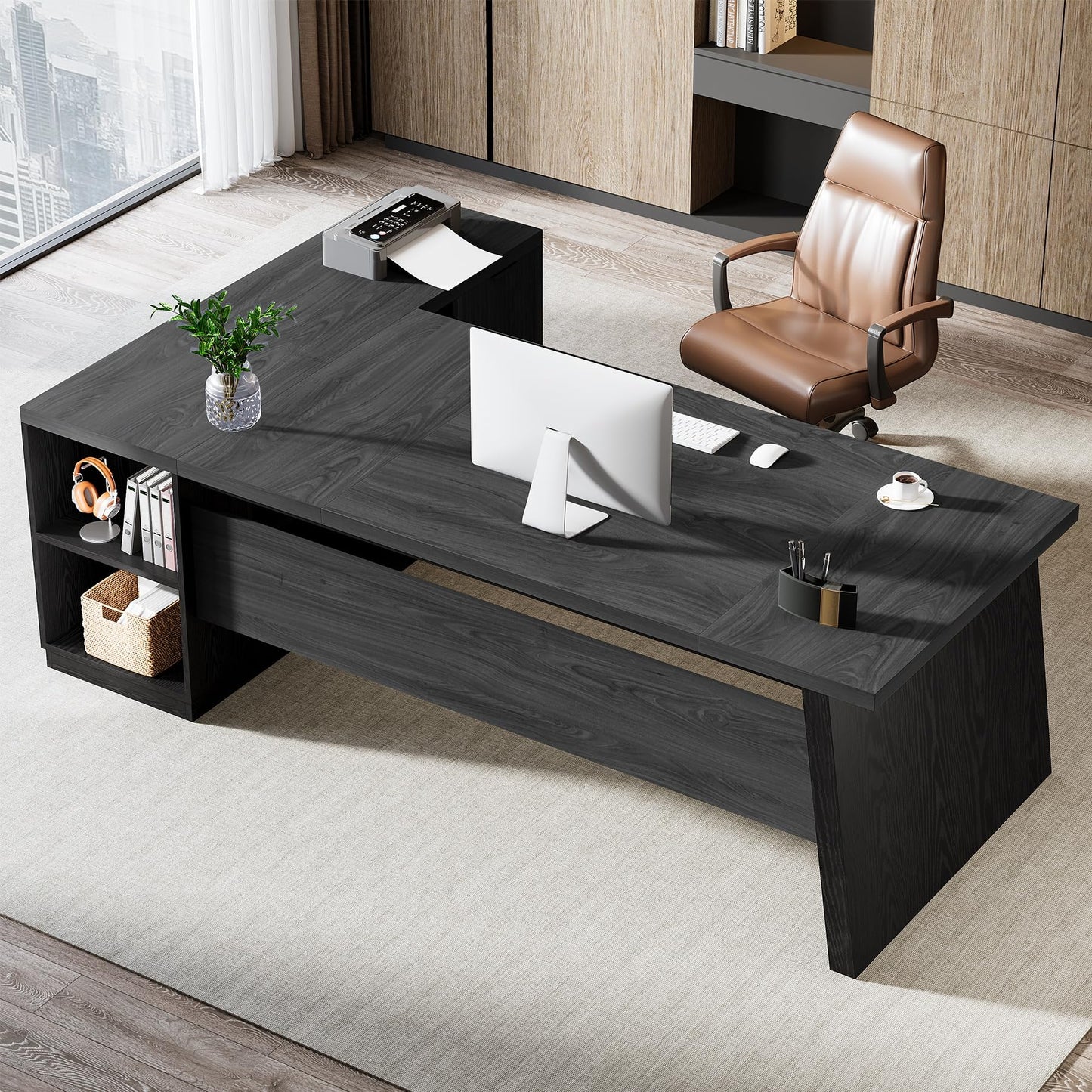 Tribesigns 78" L Shaped Desk with Drawers, Lage Office Desk with Storage Shelves, Modern Corner Computer Desk for Home Office (Gray and Black)