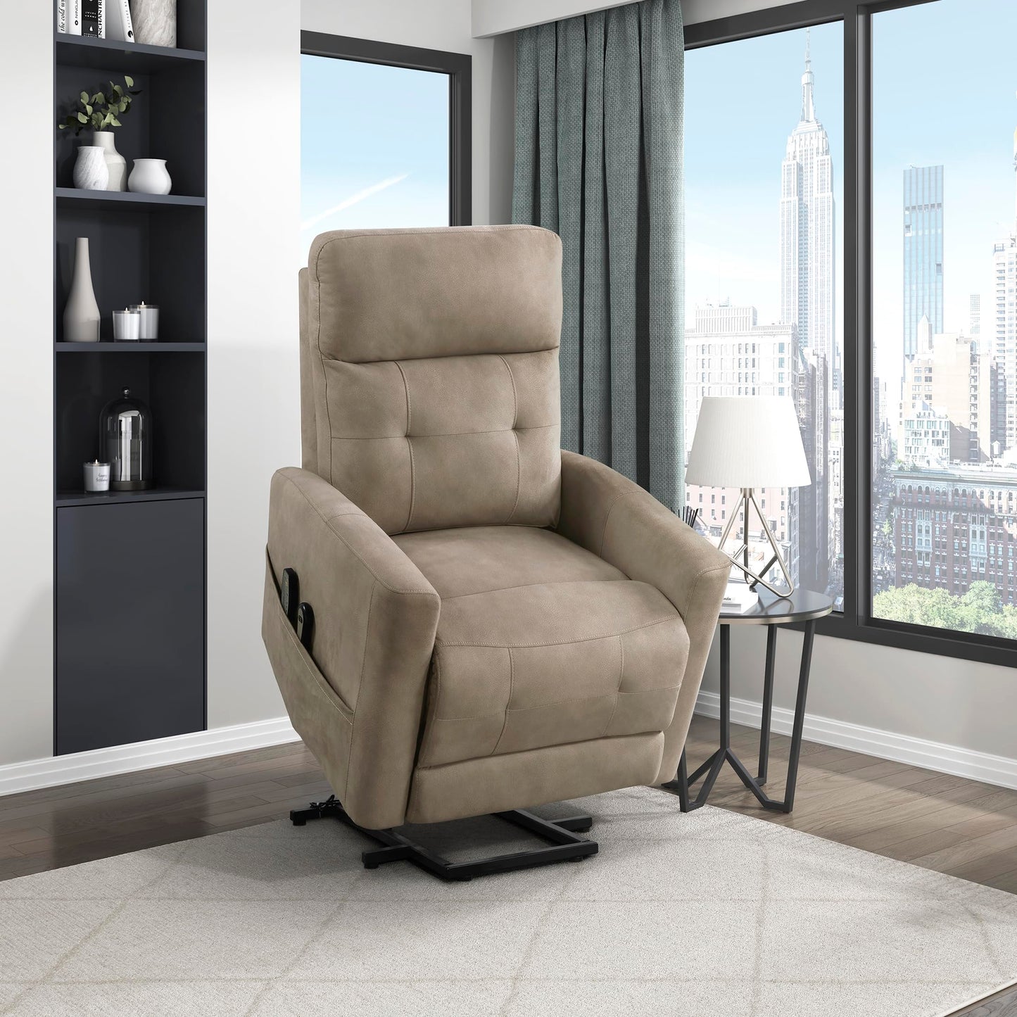 Lexicon Power Lift Recliner with Heat and Massage for Adults Elderly Ergonomic, Textured Microfiber Tufted Lounge Chair Classic Single Sofa Recliner with Side Pockets, Home Theater Seating, Brown