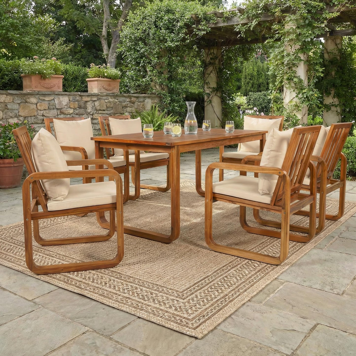 Merax 7 Pieces Patio Dining Set, Outdoor Acacia Wood Furniture for 6, with Table and Removable Cushioned Chairs for Backyard, Brown