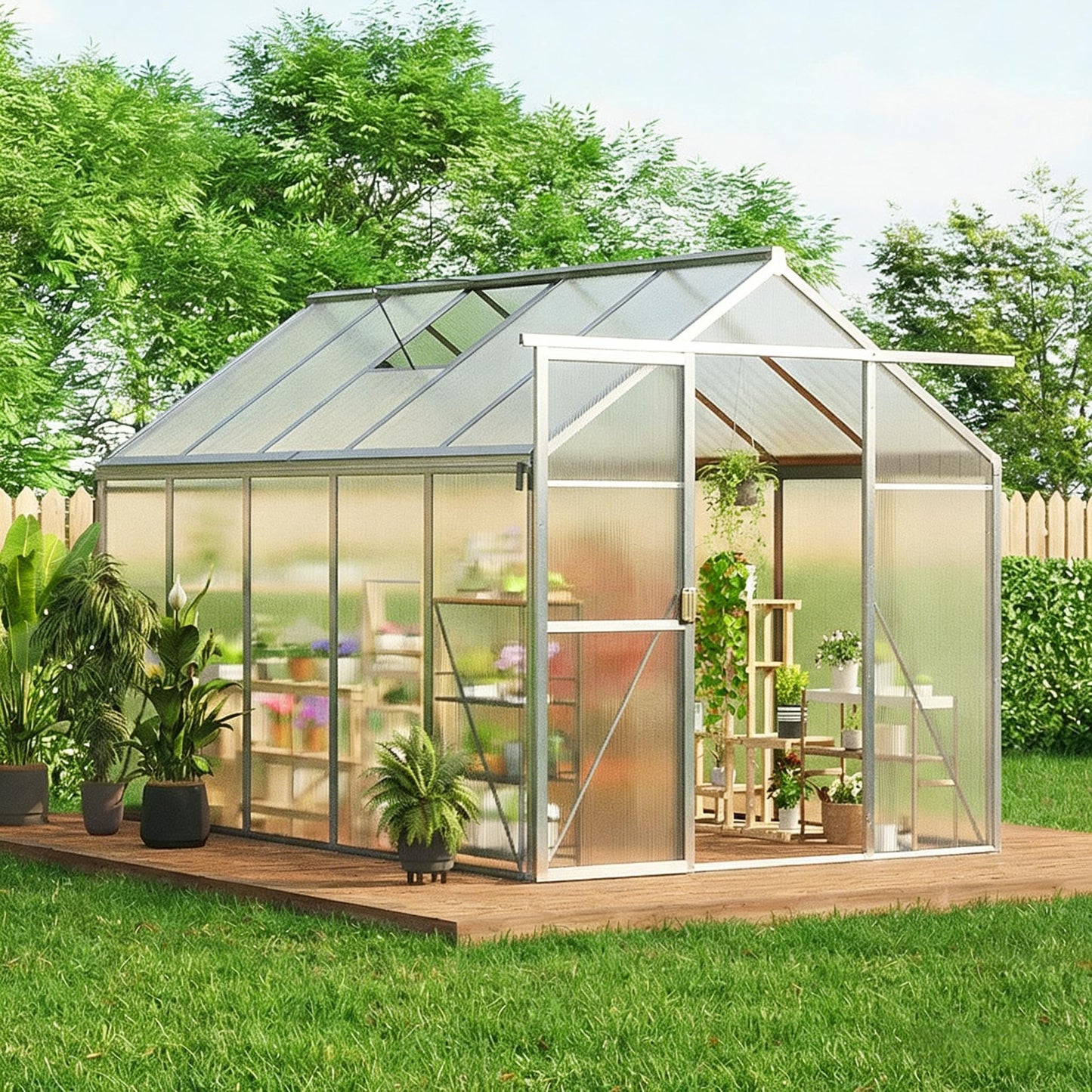 6x10 FT Greenhouse, Easy Assembly Aluminum Polycarbonate Greenhouses for Outdoors with Roof Vent, Large Aluminum Walk-in Greenhouse for Sunroom Patio, Backyard, Garden, Sliding Lockable Door, Silver
