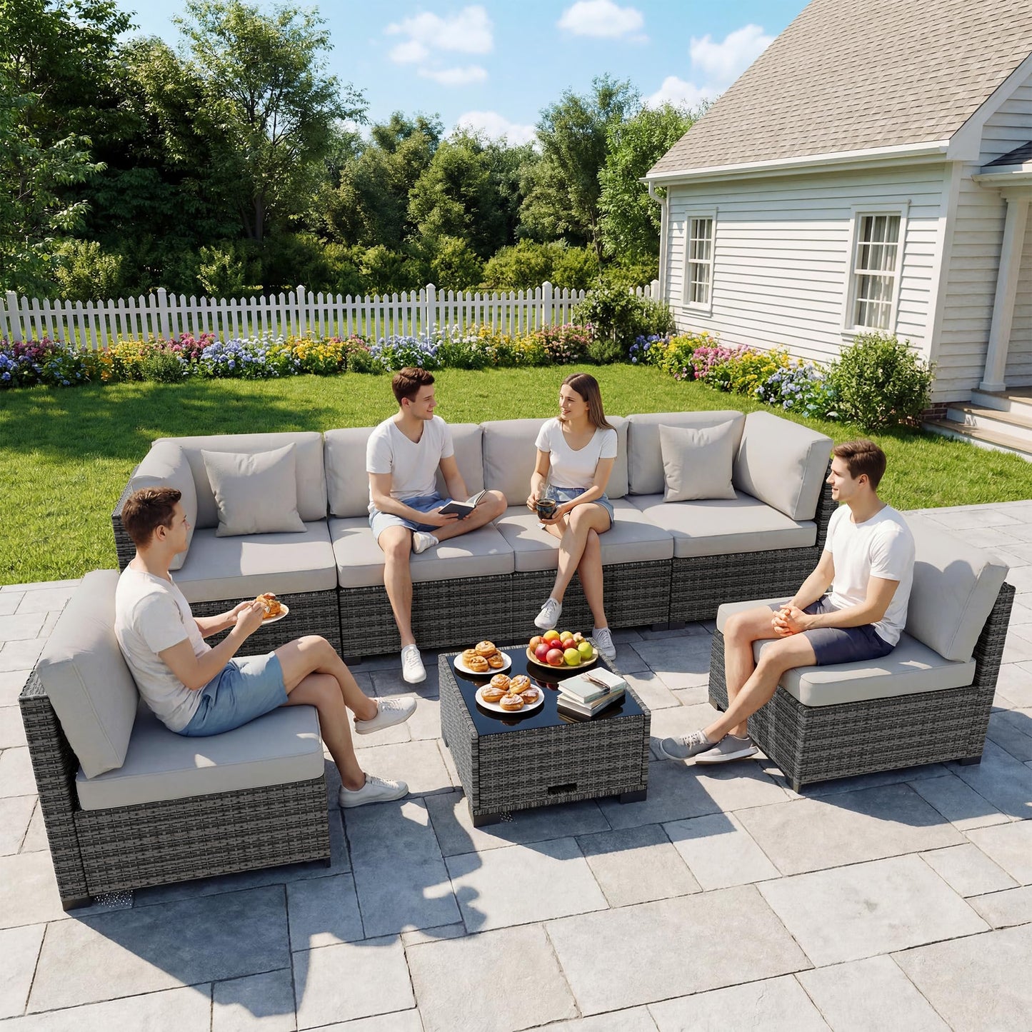 LHBcraft 7 Pieces Outdoor Furniture Set, Wicker Furniture Patio Conversation Sets with Tea Table and Thickened Beige Cushions,Grey Outdoor Patio Sectional Sofa for Garden, Poolside, Backyard