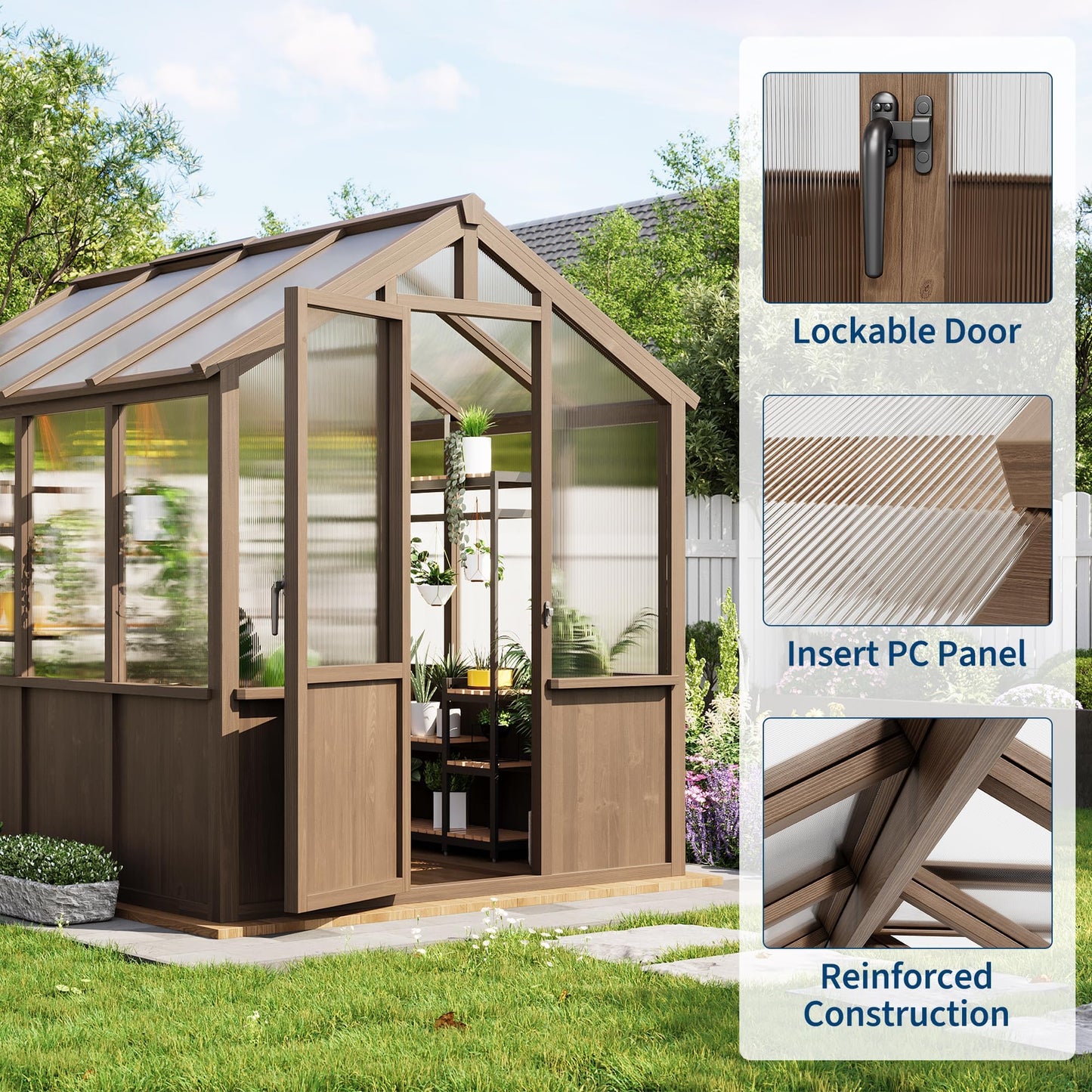 6x8 FT Greenhouse - Large Wooden Greenhouses for Outdoors, Heavy Duty Spruce Frame Greenhouse with PC Panels, Adjustable Roof Vents & Lockable Door, Walk-in Green Houses for Garden, Backyard, Patio
