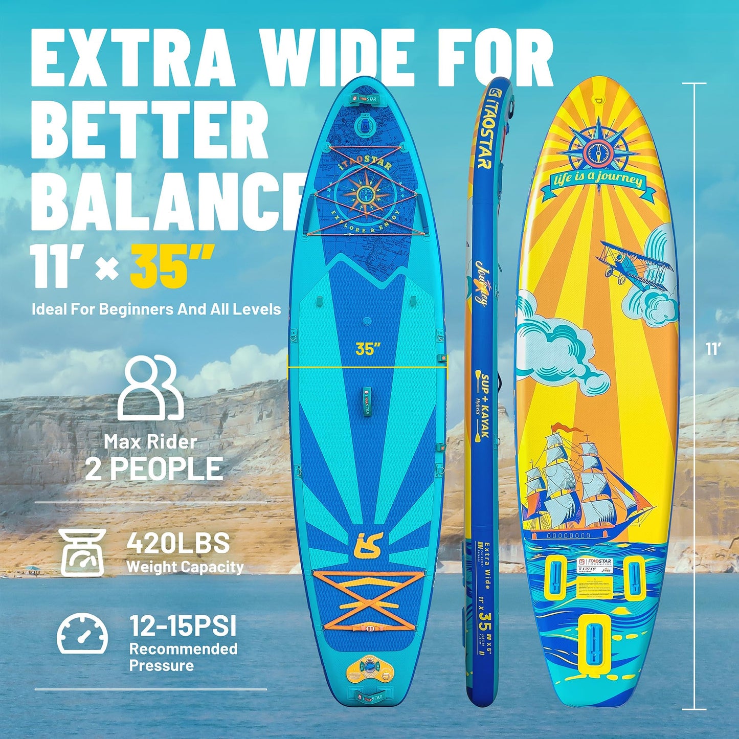 iTAOSTAR J06BP 35" Extra Wide Stand Up Paddle Board, More Balance Inflatable Paddle Board with 5 Fins for Beginner，Paddle Boards for Family of All Skill Levels