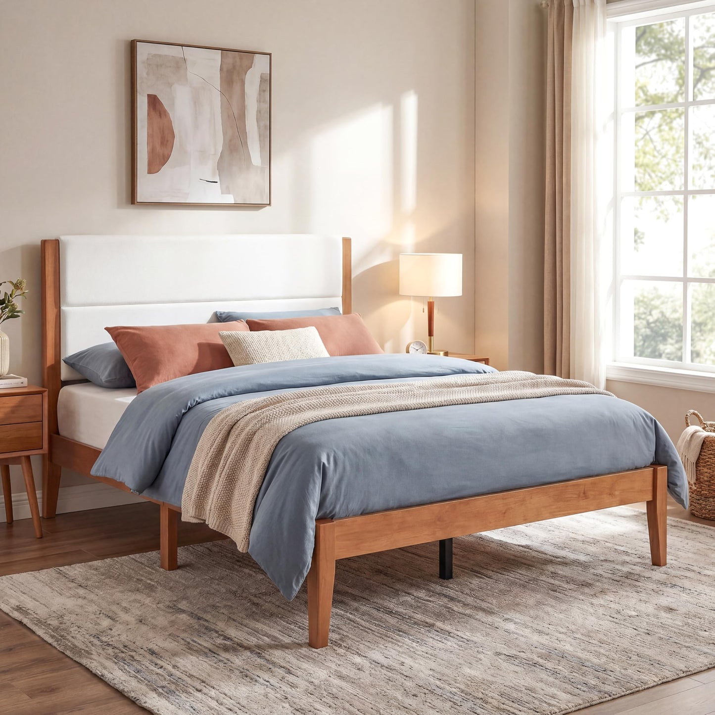 Merax Full Size Mid-Century Modern Platform Bed Frame with Fabric Upholstered Headboard, Solid Wood Slat Support, No Box Spring Needed, Noise-Free, Underbed Storage Space, Easy Assembly, Brown