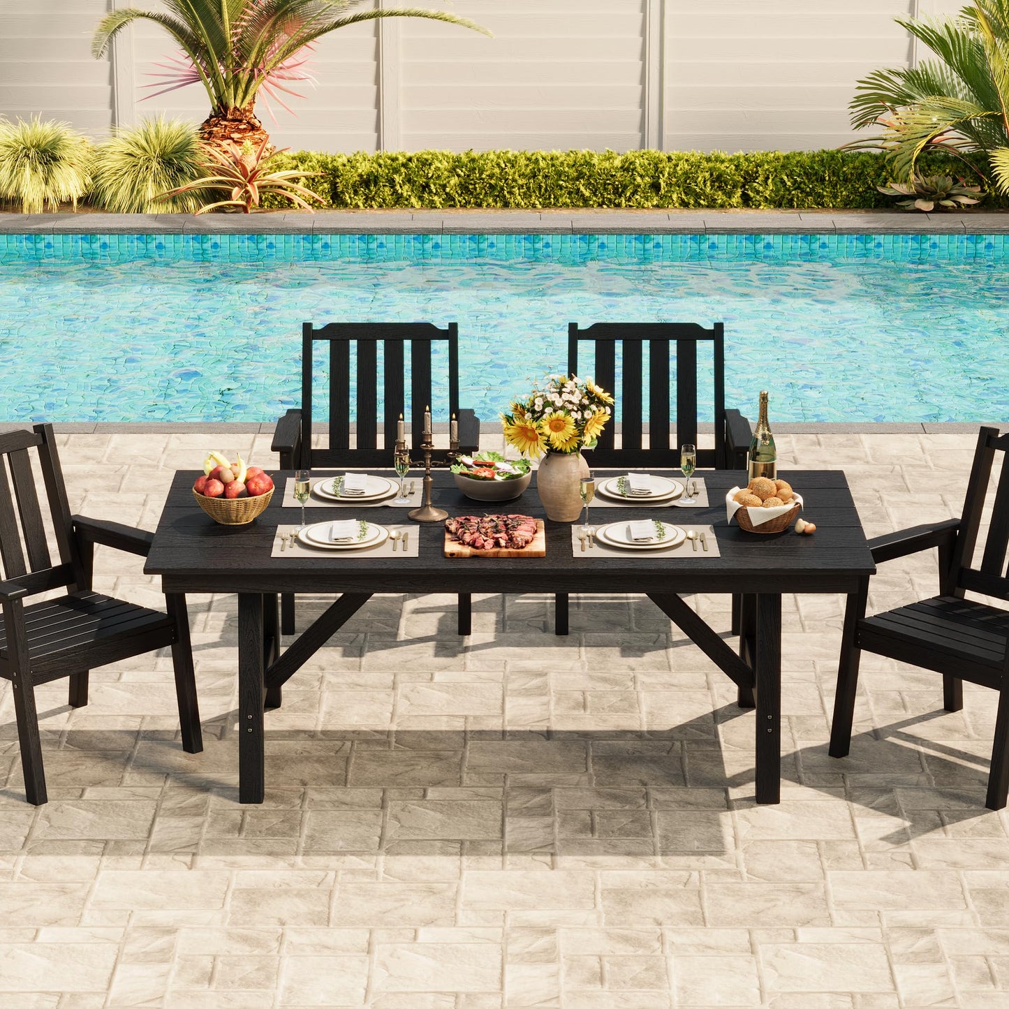 IDEALHOUSE 5-Piece Outdoor Patio Dining Set for 4-6, HDPE Table with Umbrella Hole and Sturdy Aluminum Frame, Weather-Resistant Garden Table and Chairs for Backyard, Poolside and Porch, Black