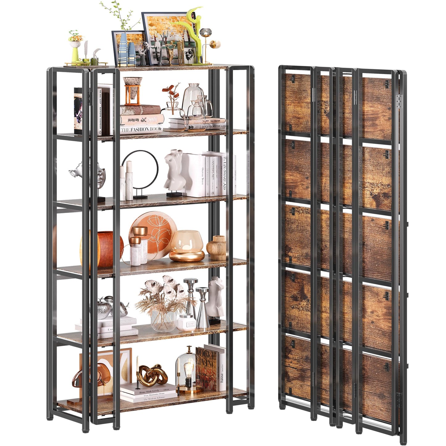 UDD 6 Tier Wide Folding Bookshelf No Tools Assembly, 55.5" H x 30.9" W, Foldable Book Shelf Vintage Collapsible Bookcase, Industrial Storage Shelves for Bedroom Office Living Room, Rustic Brown Black