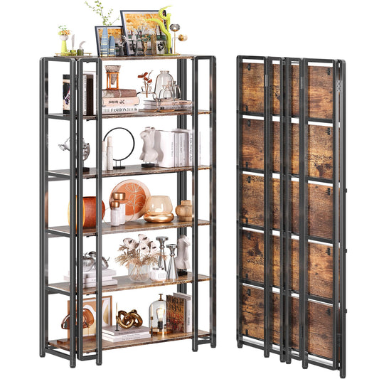UDD 6 Tier Wide Folding Bookshelf No Tools Assembly, 55.5" H x 30.9" W, Foldable Book Shelf Vintage Collapsible Bookcase, Industrial Storage Shelves for Bedroom Office Living Room, Rustic Brown Black