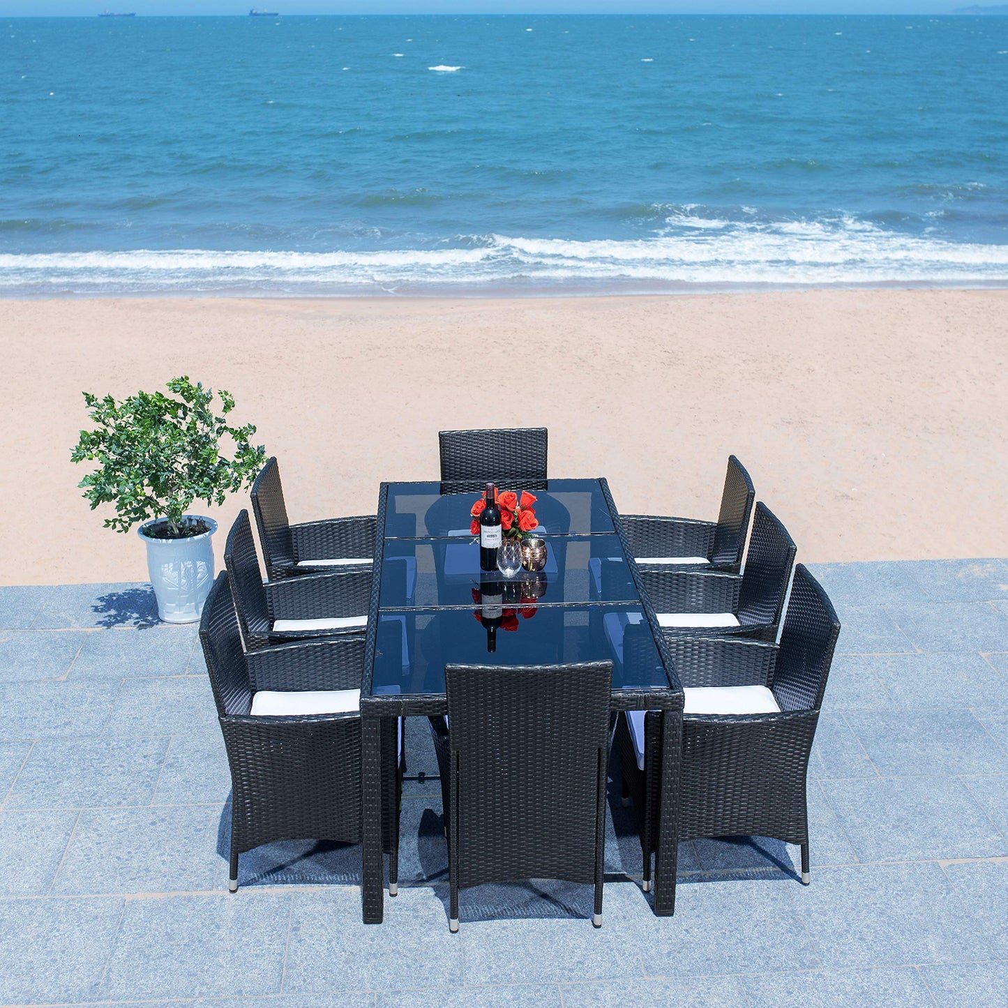 SAFAVIEH Outdoor - Hailee 9-Piece Dining Set - Black & White Faux Wicker & Steel Frame - Eight Chairs and Glass-Top Table - Ideal for Patio, Deck, Porch, Backyard (PAT7704A)