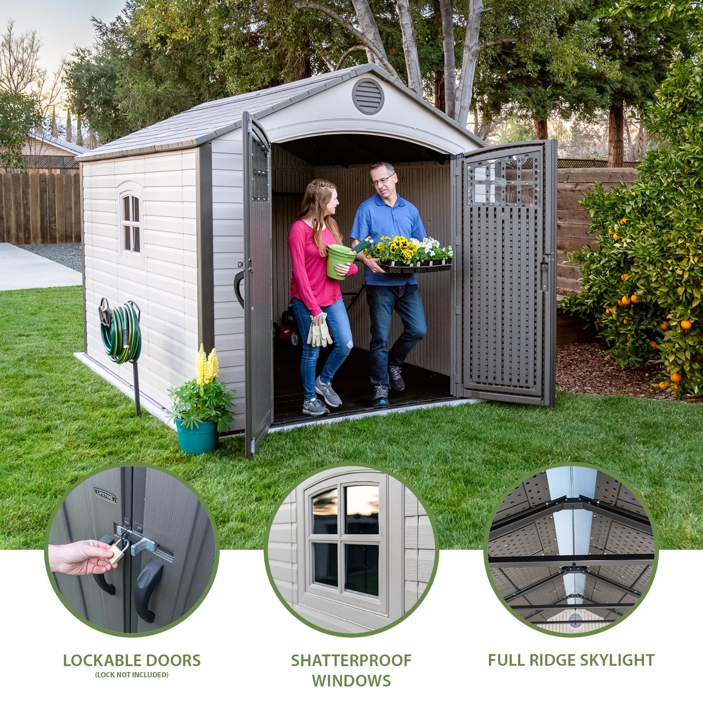 Lifetime 8 x 10 Ft Outdoor Storage Shed, Dual-Wall HDPE Construction, Steel-Reinforced, Skylight and Window, Lockable Doors, Vents, UV-Protected, Desert Sand