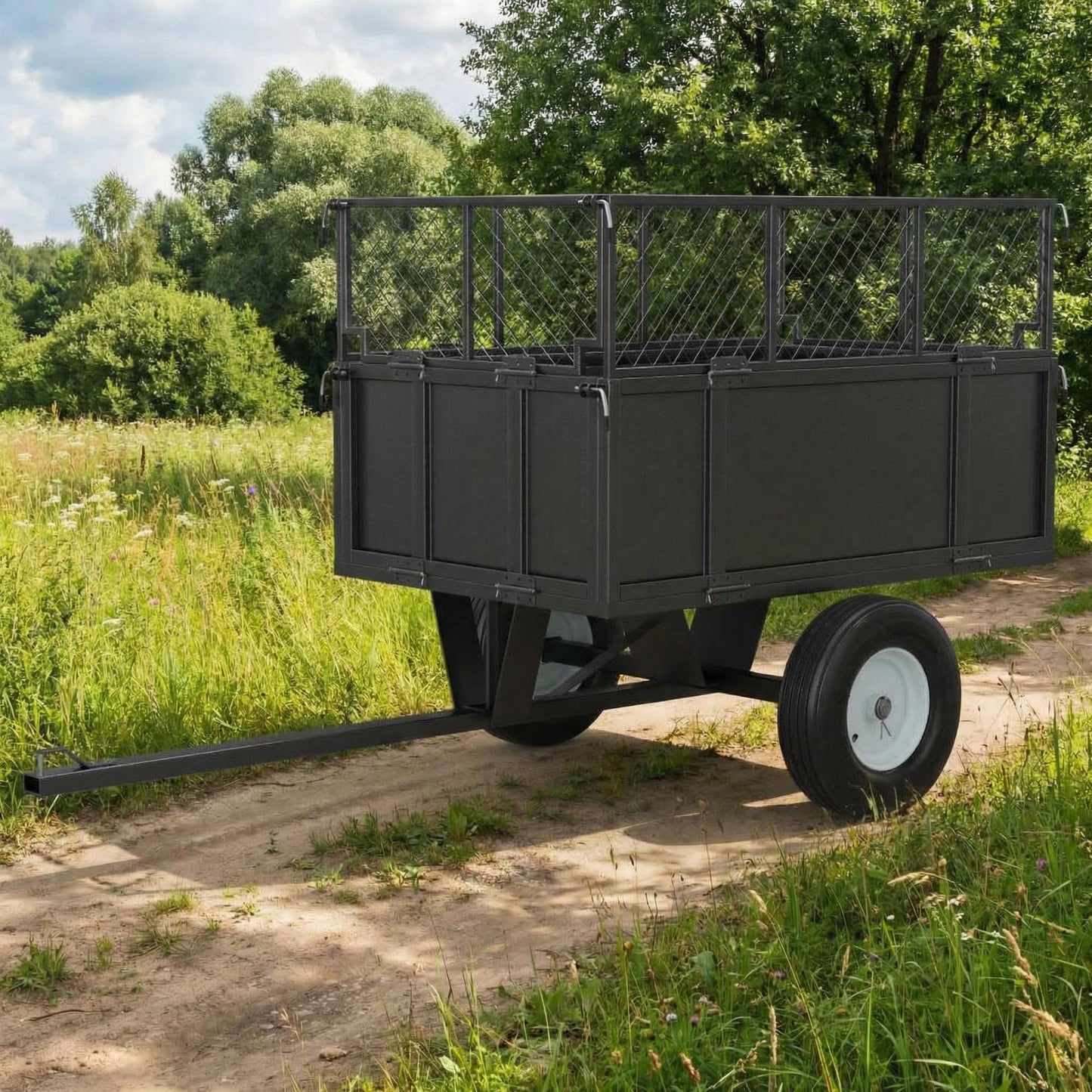 Heavy Duty Steel Utility Dump Trailer – 17 Cu.Ft Garden Cart with Removable Mesh Sides & Pneumatic Tires, 750 Lbs Tow Behind Trailer for ATV, UTV, Lawn Tractor Hauling in Yard & Farm, Black