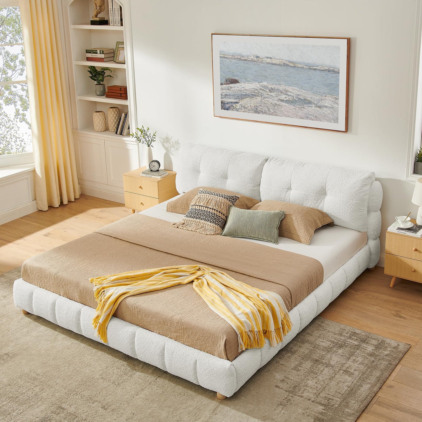 KEIKI King Size Boucle Platform Bed Frame with Tufted Cloud Headboard, Modern Style Upholstered Bed with Slats and Solid Wooden Legs, Easy Assembly, No Box Spring Required, for Bedroom, Beige