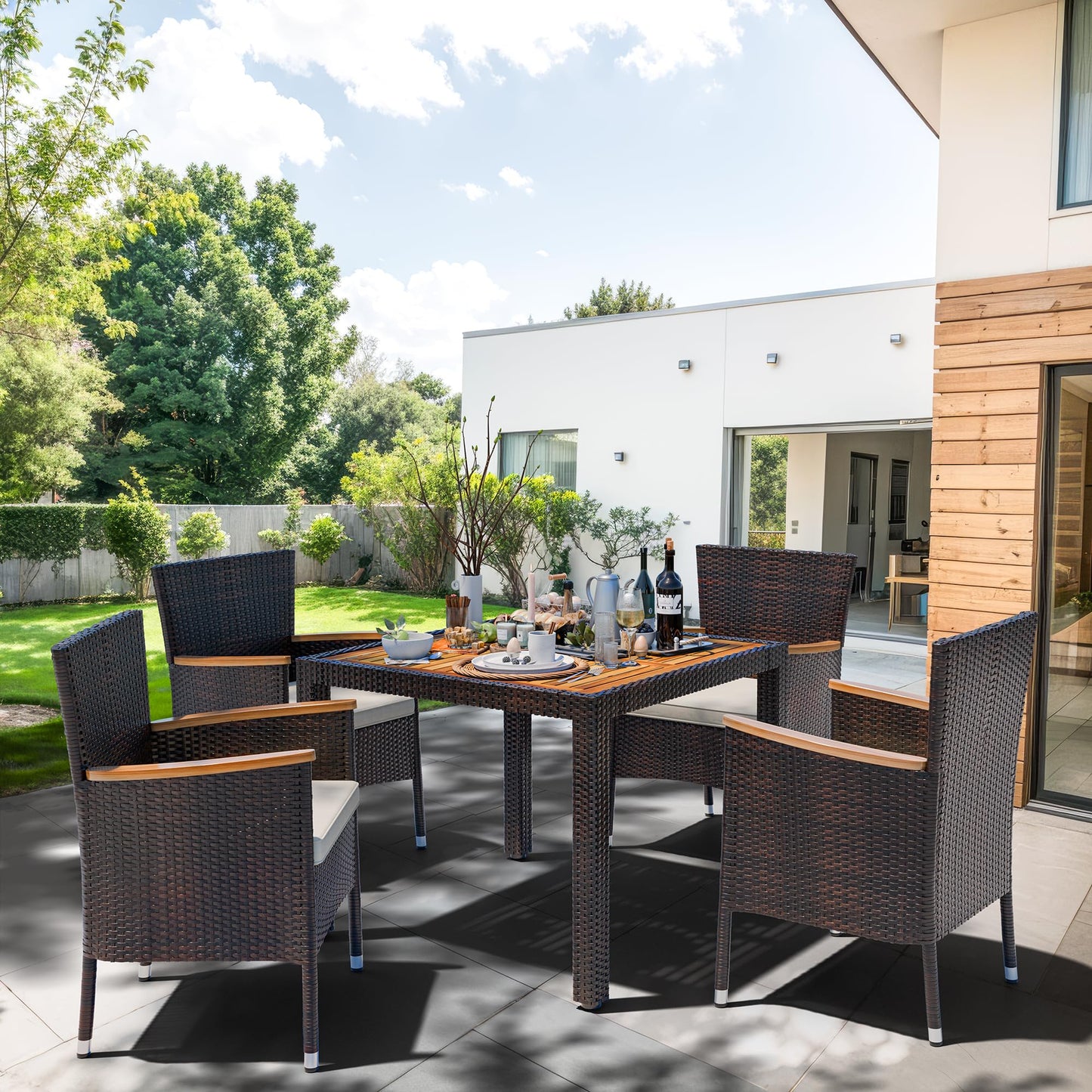 Shintenchi 5 PCS Patio Dining Set, Wicker Outdoor Table and Chairs with Soft Cushions, Patio Furniture Set with Wood Table Top for Backyard, Deck and Garden, Brown Rattan