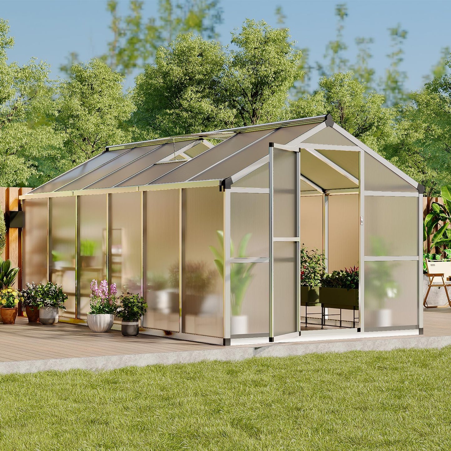 8X12 FT Greenhouse, Greenhouses for Outside, Aluminum Frame Polycarbonate Panels with Sliding Lockable Door and Ajustable Roof Vent, Spacious Walk-in Design for Backyard, Garden, Patio, Silver