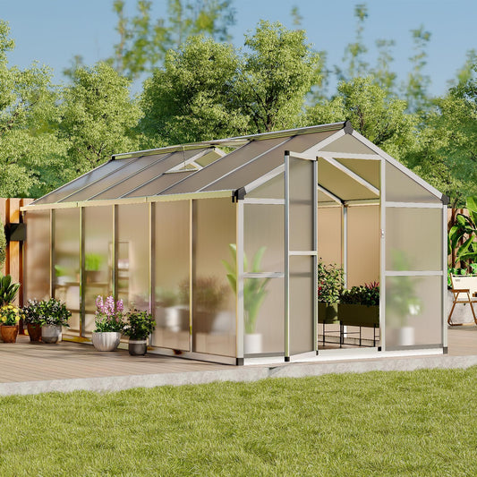 8X12 FT Greenhouse, Greenhouses for Outside, Aluminum Frame Polycarbonate Panels with Sliding Lockable Door and Ajustable Roof Vent, Spacious Walk-in Design for Backyard, Garden, Patio, Silver