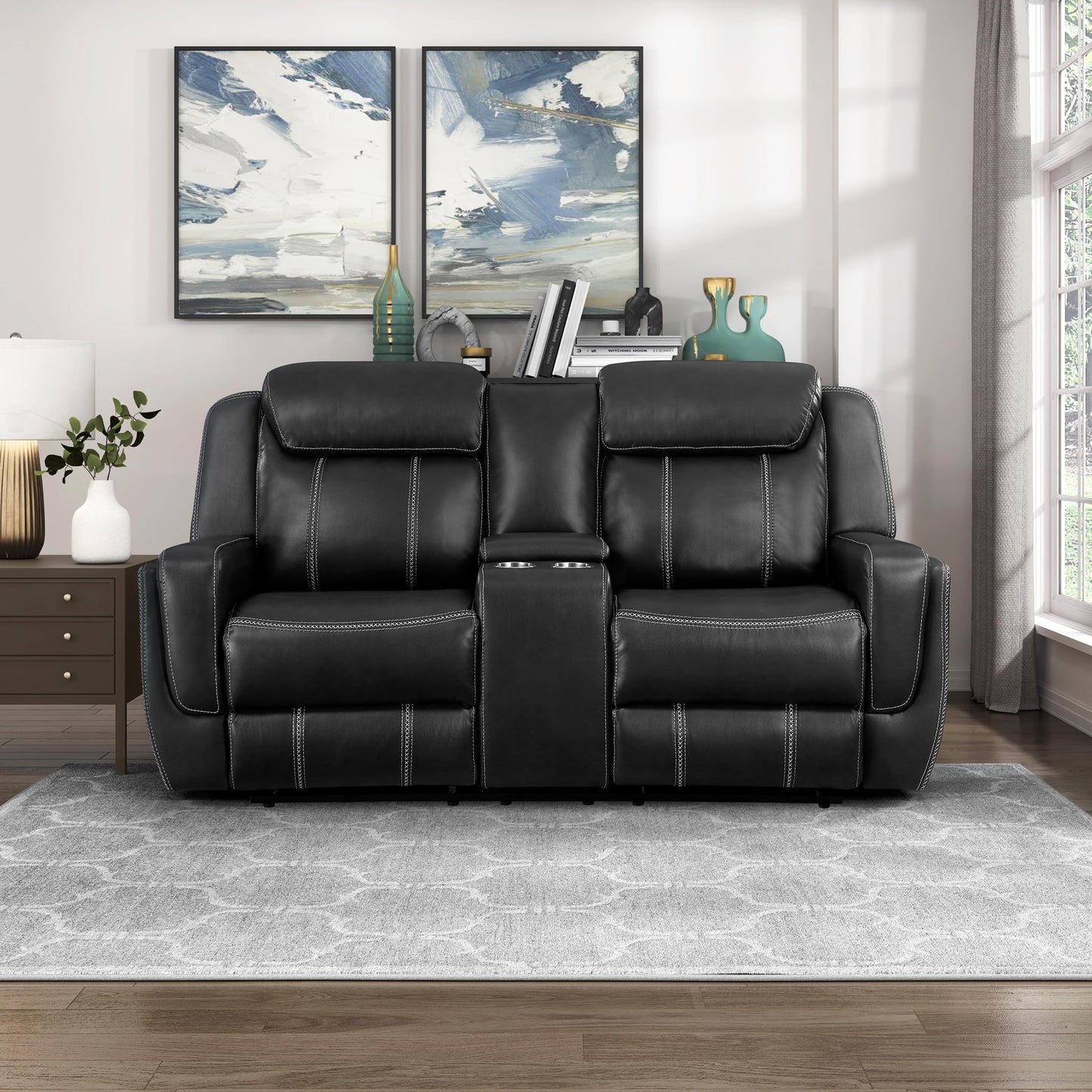 Lexicon Modern Double Reclining Loveseat, Faux Leather Recliner Loveseat With Headrest, Center Console, Receptacles and USB Ports, Manual Recliner Loveseat Sofa For Living Room/Office/Apartment, Black