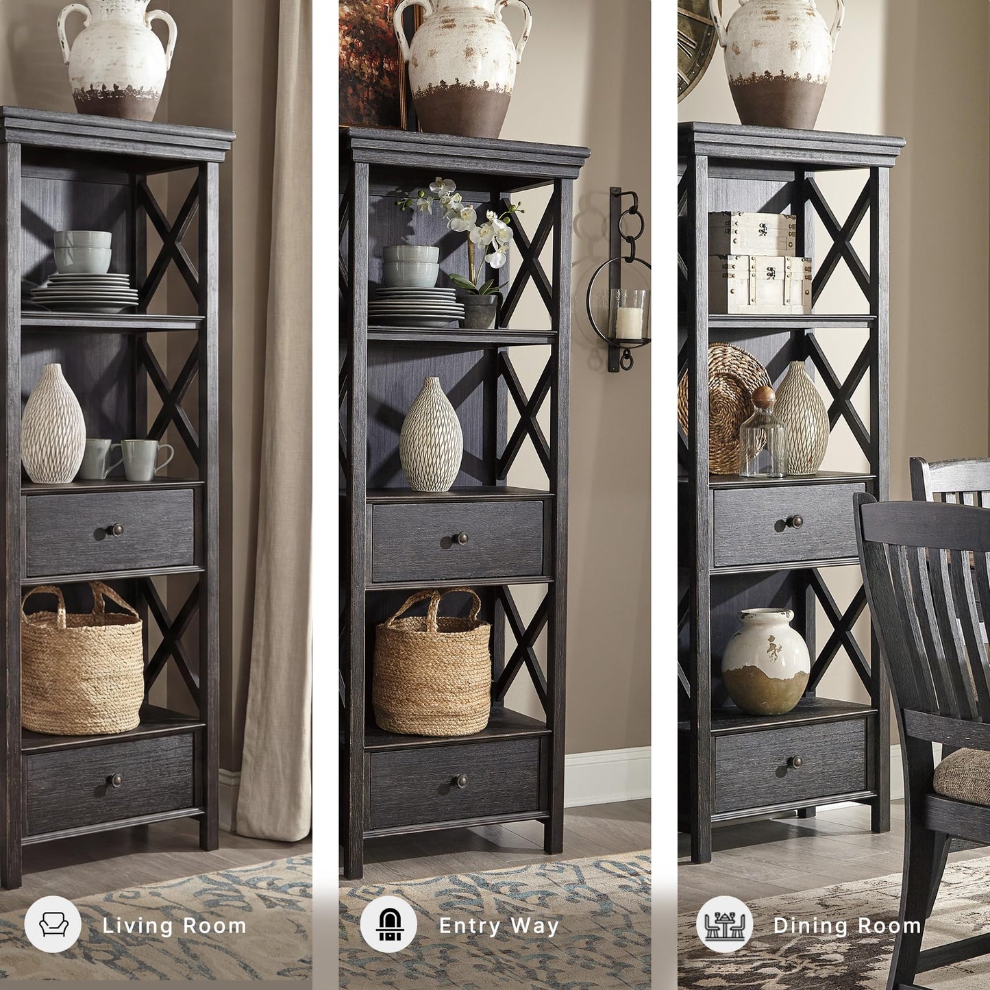 Signature Design by Ashley Tyler Creek Casual Farmhouse 75" Display Cabinet or Bookcase with Drawers and Shelf, Open Lattice Sides, Wood, Gray Black Finish