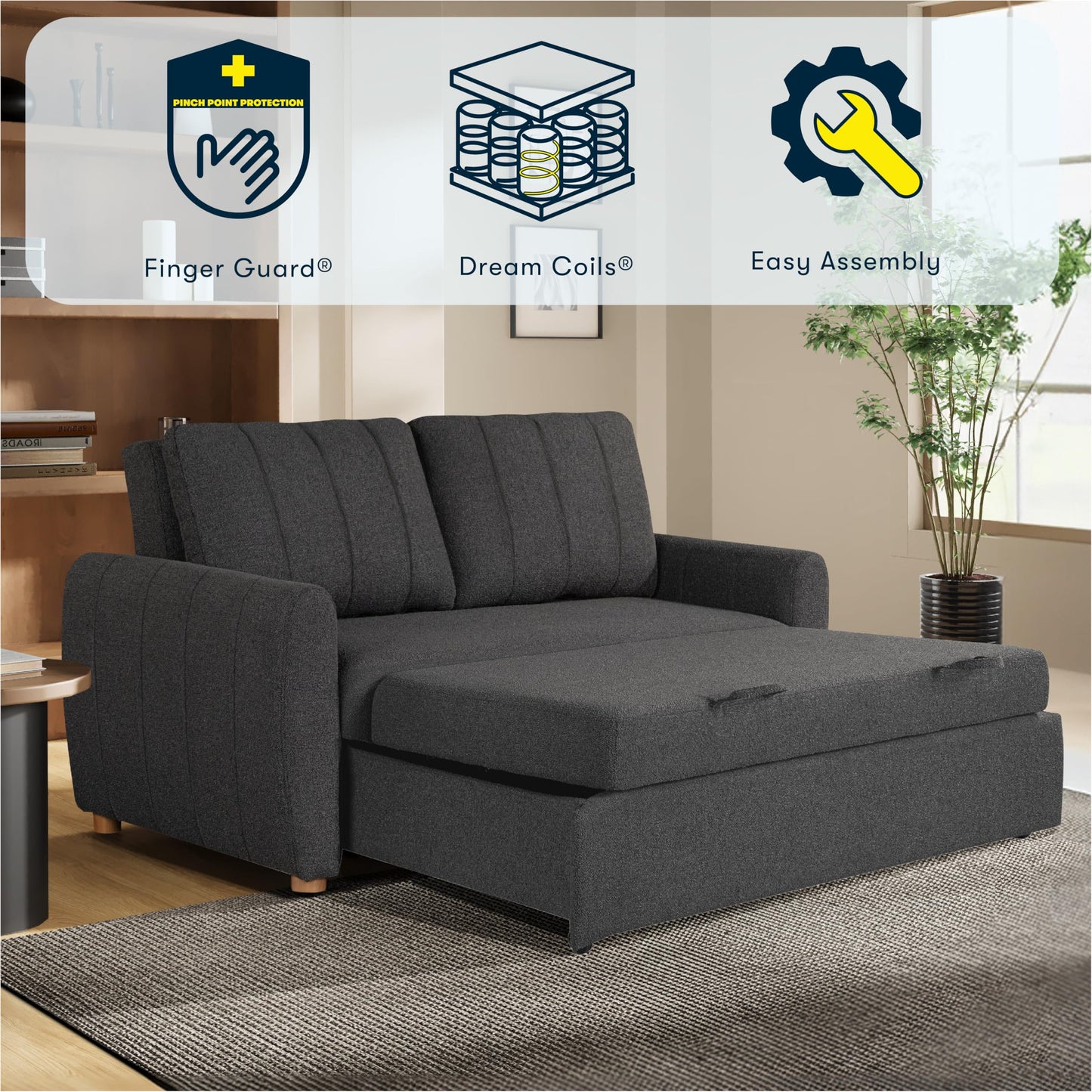 Serta Galway 66.5" Convertible Sleeper Loveseat, Full Size, Dreamcoil Comfort, FingerGuard Pinch Point Protection, Boucle Fabric, Charcoal