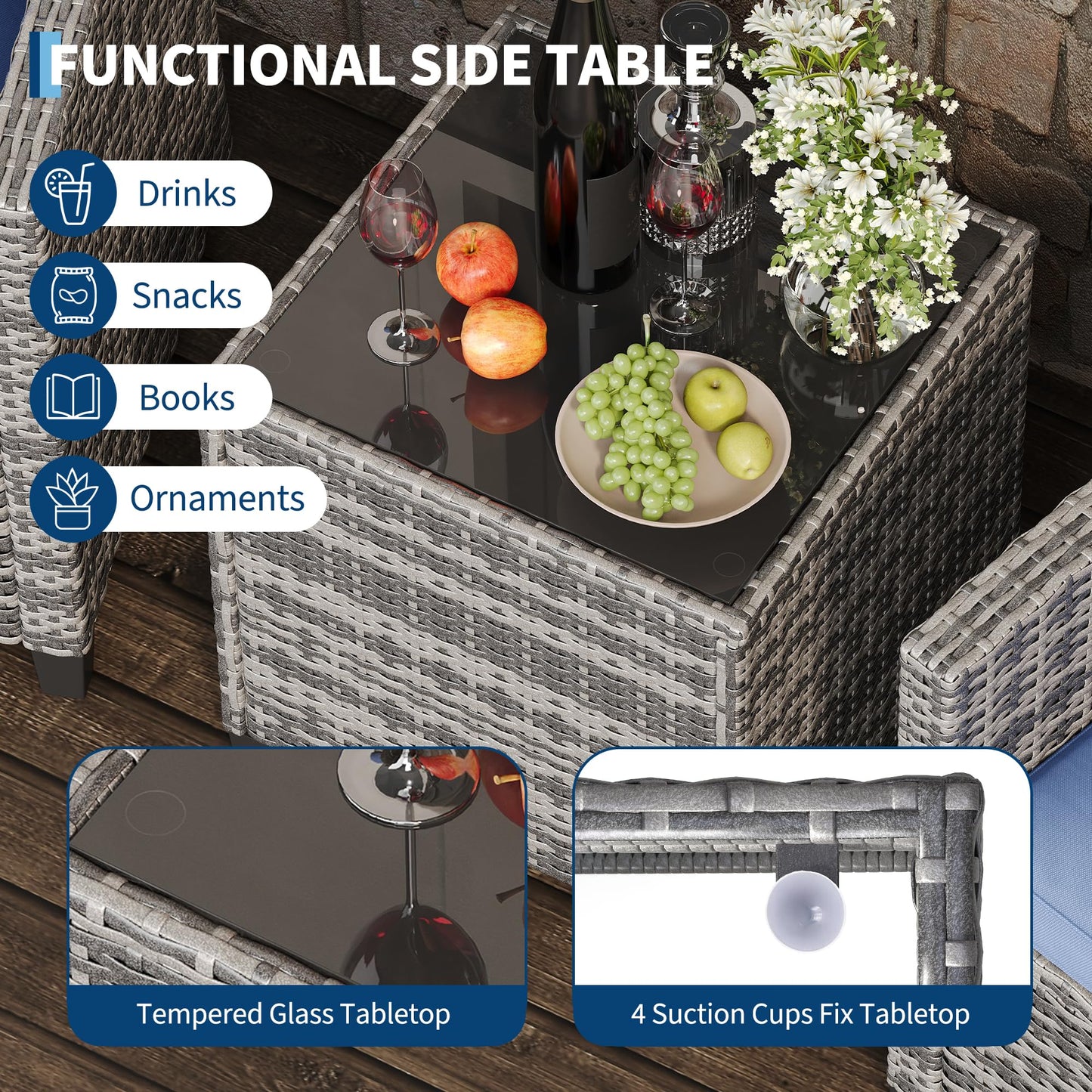 GarveeLife 3 Pieces Patio Furniture Set, PE Rattan Patio Conversation Set with Tempered Glass Tabletop, Outdoor Wicker Chairs and Table Set for Patio Balcony Garden, Grey & Blue