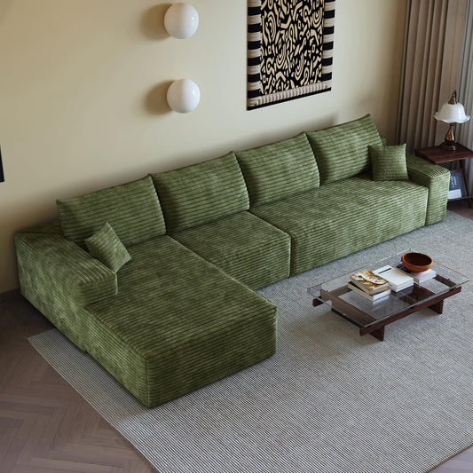 135" Oversized Compressed Sectional Sofa - 33D High-Density Foam Cloud Couch with Deep Seat - Minimalist 3-Piece Corduroy Upholstered Boneless Modular Lounge Couch