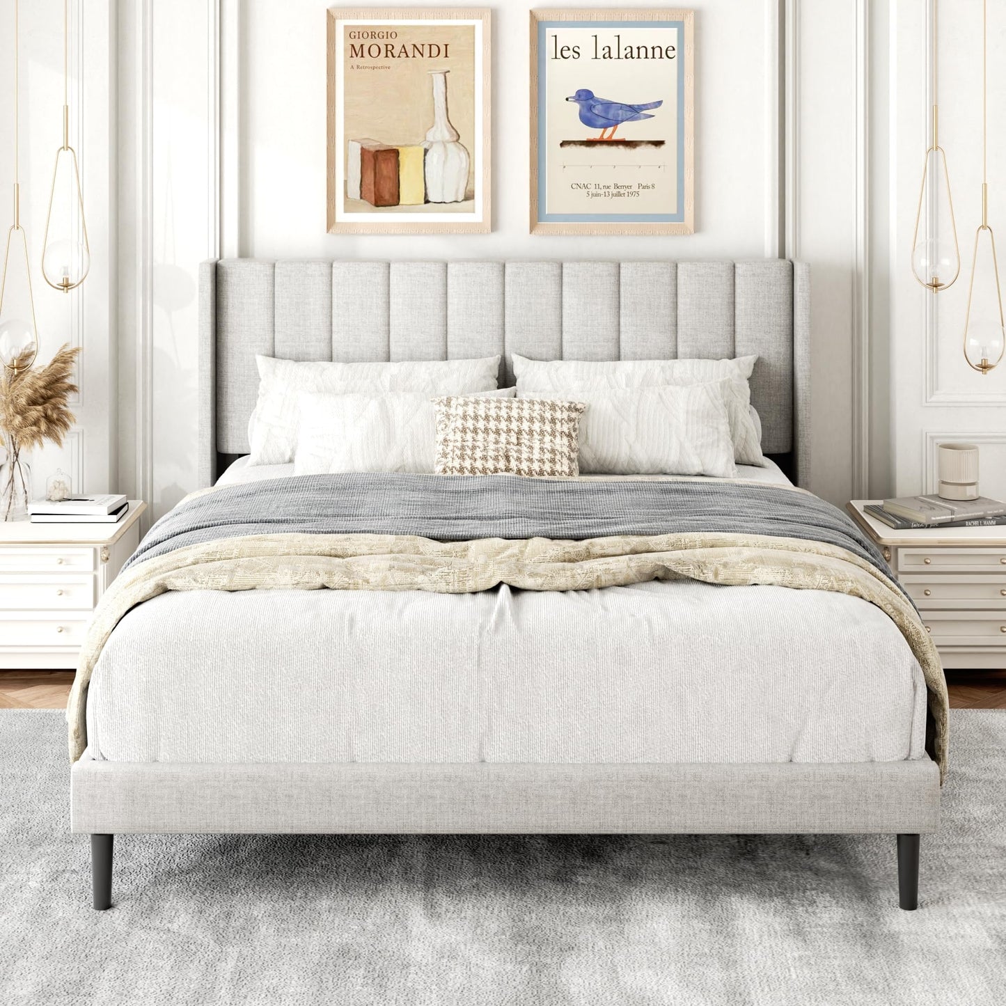 Gruwans Queen Size Bed Frame with Upholstered Wingback Headboard, Easy Assemnly Platform Bed, Wooden Slat Support No Box Spring Needed, Sand
