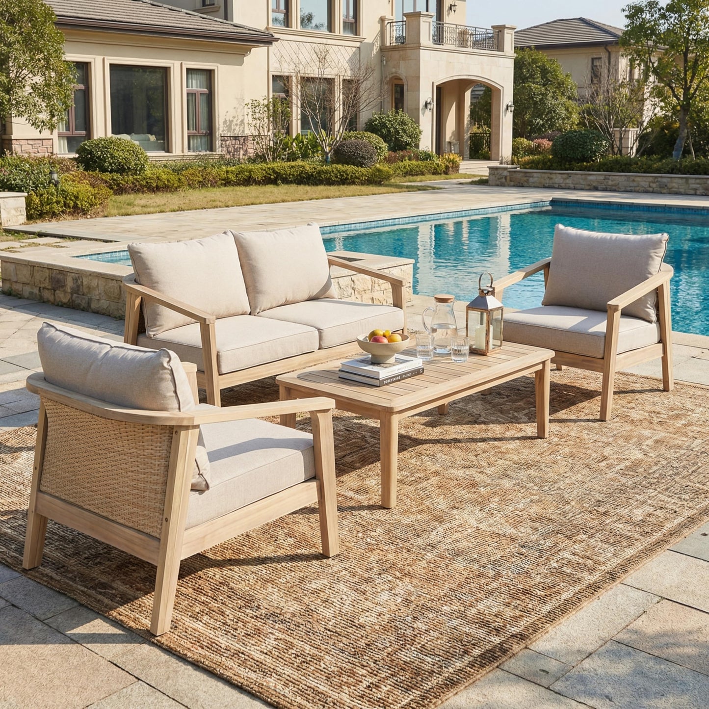 Merax 4 Piece Outdoor Wood and Wicker Chat Set, Light White Finish with Beige Cushion