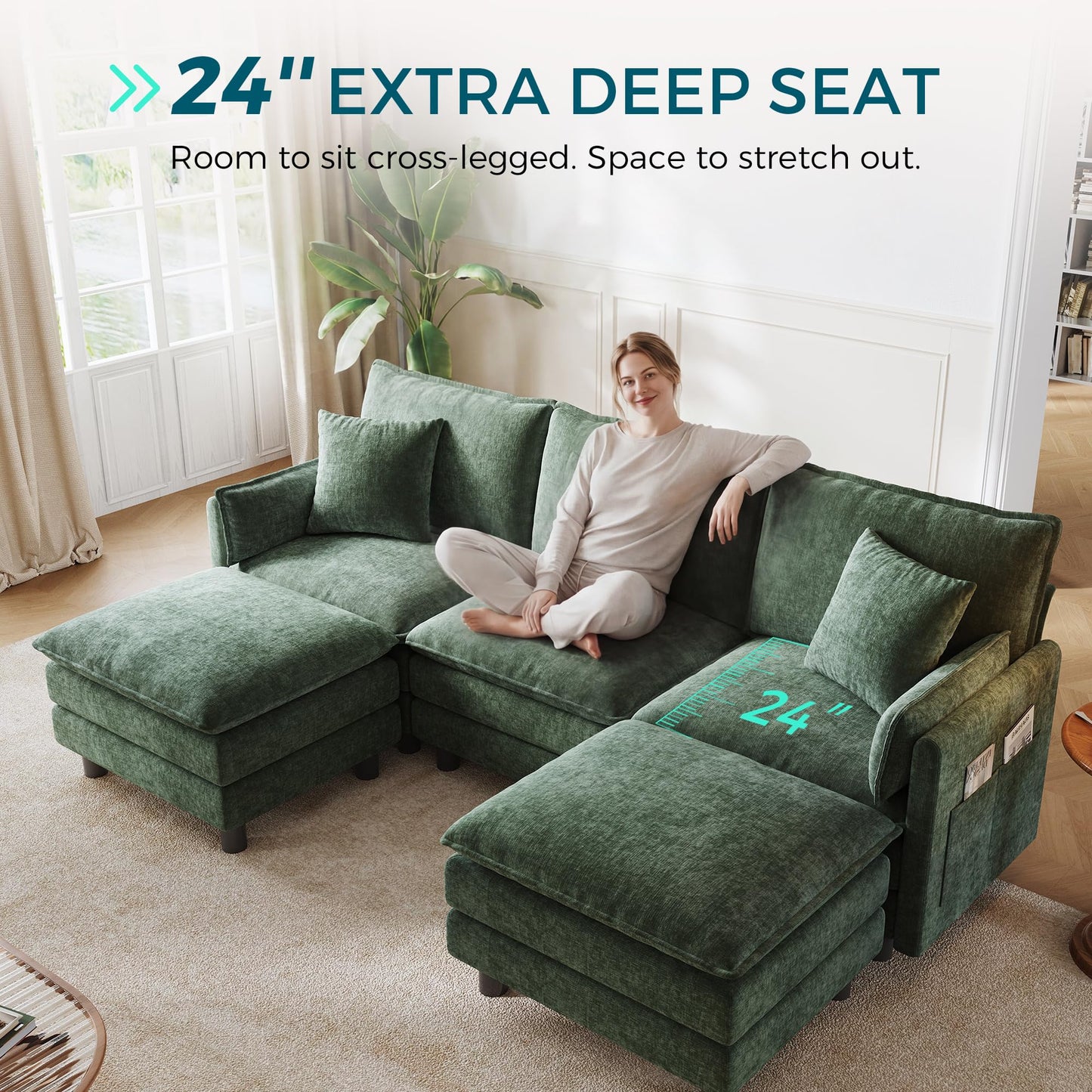 LINSY HOME 98'' Modular Sectional Sofa 3 Seat Couch Chenille Cloud Couch with Deep Seat, U Shaped Couch with 2 Movable Ottoman for Living Room, Office, Bedroom, Green(Pillows Included)