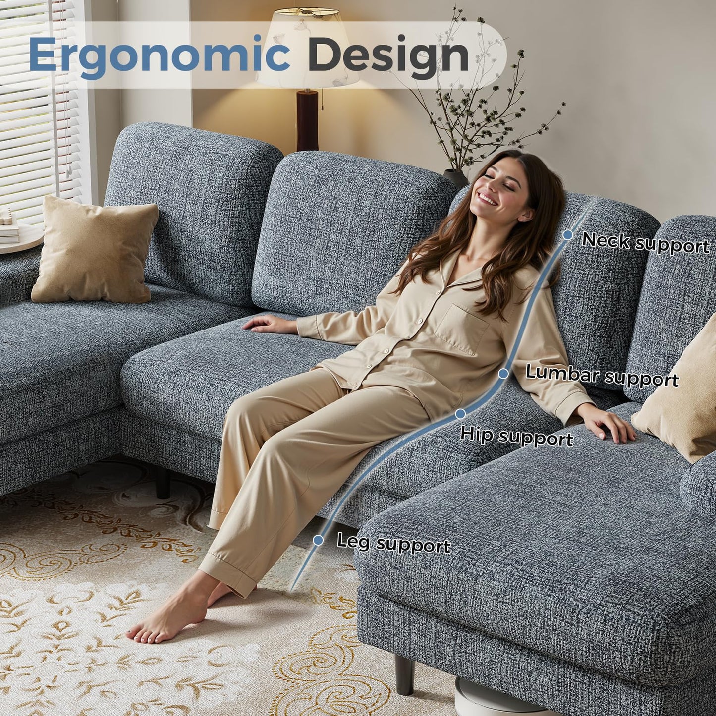 DUMOS Sectional Couches for Living Room, U Shaped Couch with Double Chaise Lounge, Modern Chenille Fabric 4-Seat Couch with Removable Pillows for Apartment/Small Space, Dark Grey