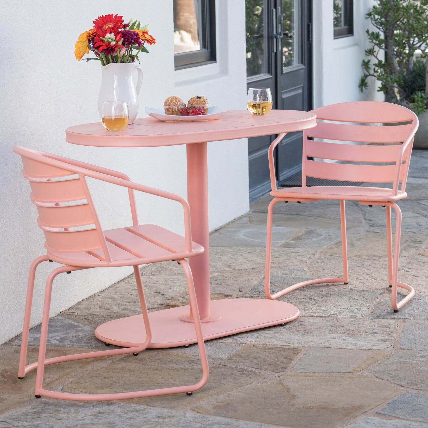 Christopher Knight Home Adley Outdoor Bistro Set, 3-Piece Bistro Table and Chair Set of 2, Patio Furniture Set with Iron Frame, Bistro Dining for Poolside Garden Cafeteria, Matte Coral