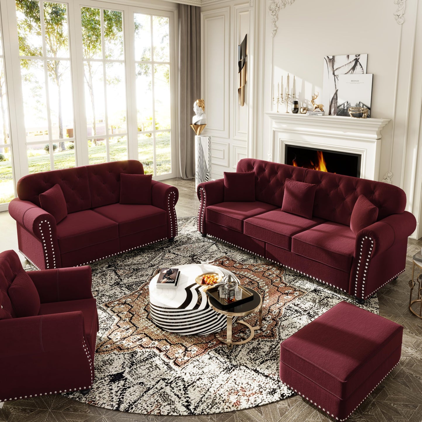 KEIKI 3-Piece Chesterfield Sofa Set with 1 Velvet 3-Seater Sofa & 1 Loveseat & 1 Single Sofa, 6-Seater Couch Set with Nailhead Trim & Rolled Arms & 1 Ottoman & 6 Pillow, for Living Room, Burgundy