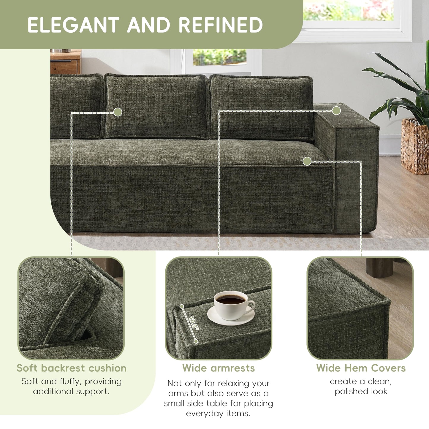 Merax Modern 129.5" L-Shaped Convertible Sectional Sofa with Cushions, Floor Modular 6-Seat Couch Set with Chaise for Living Room, No Assembly Requiered, Wrinkle-Resistant, Green