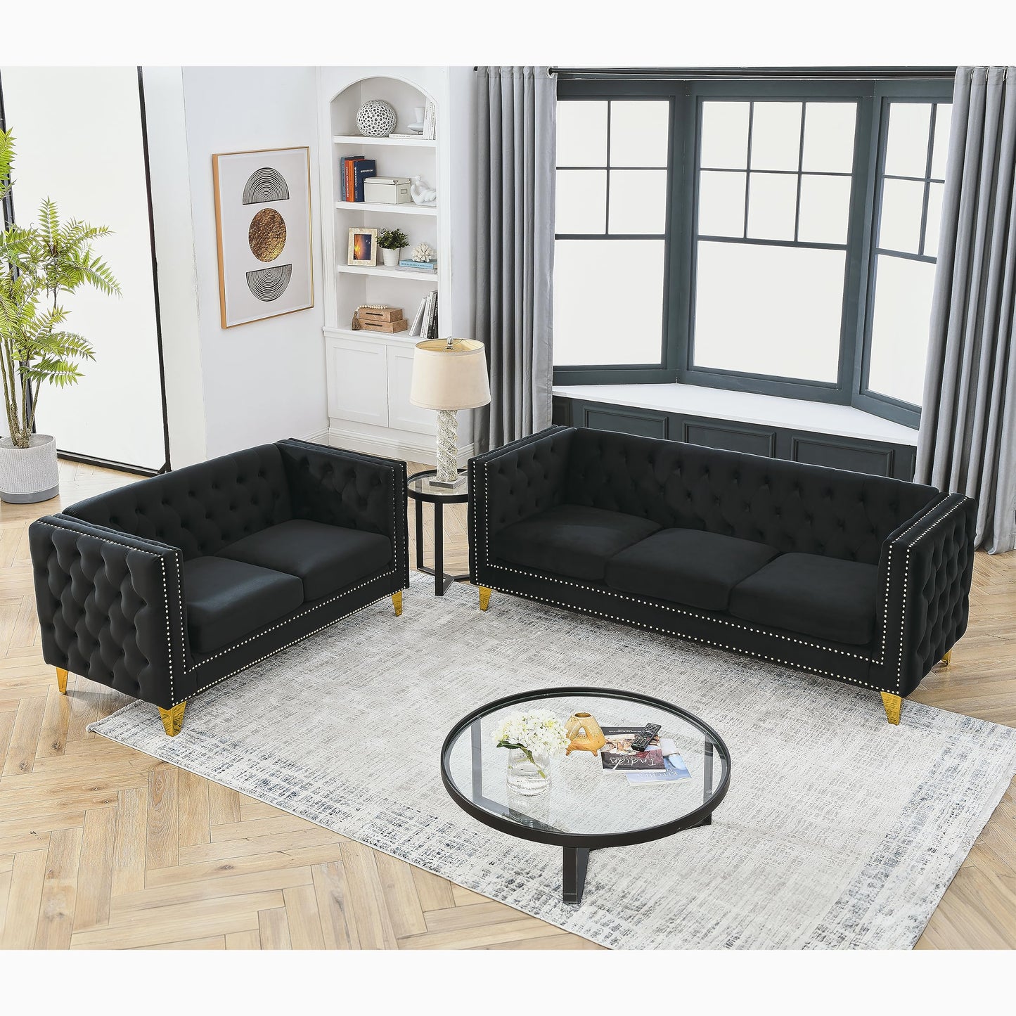 KEIKI Tufted Velvet 3+2 Seat Sofa Couch for Living Room, Buttons Tufted Square Arm Couch for Home Apartment, Black