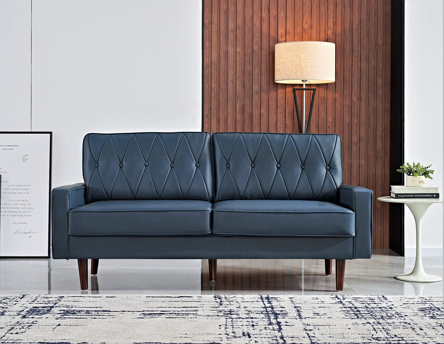 Container Furniture Modern Style Faux Leather Sofa with Elegant Round Tapered Legs and Button Tufted Backrest Perfect for Living Room, Bedroom or Home Office, 69.3’’ Wide, Blue