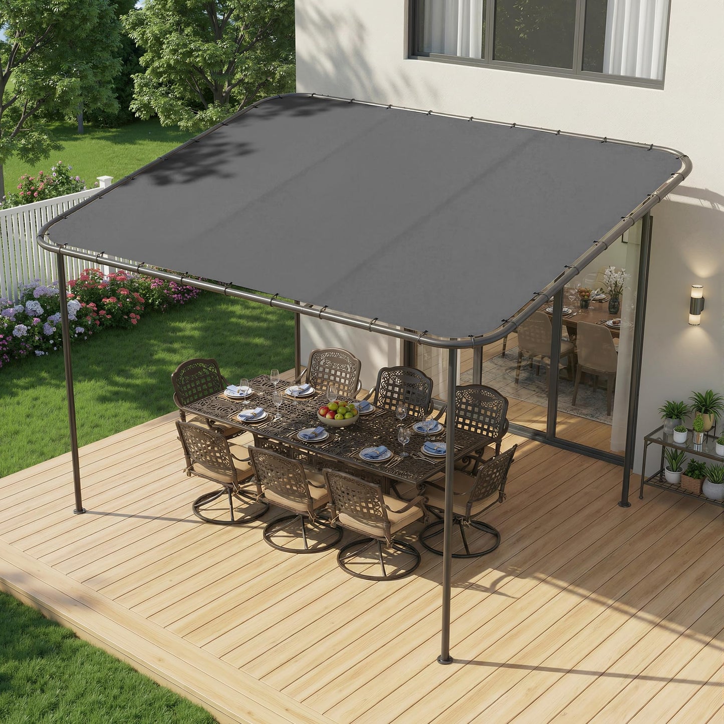 TOBYUL 12'x10' Lean to Gazebo Pergola with 3 Types Ground Nails and Weatherproof Canopy, Large Wall-Mounted Galvanized Steel Frame Shelter, Outdoor Sloped Roof Awning for Patio, Deck, Backyard (Gray)