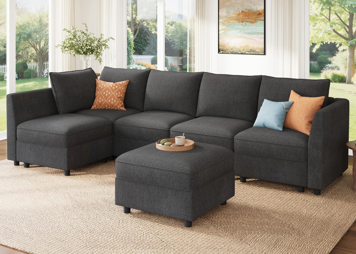 HONBAY Modular Sectional Couch L Shaped Sectional Sofa with Storage, Convertible Couches for Living Room - Snowflake Velvet Grey