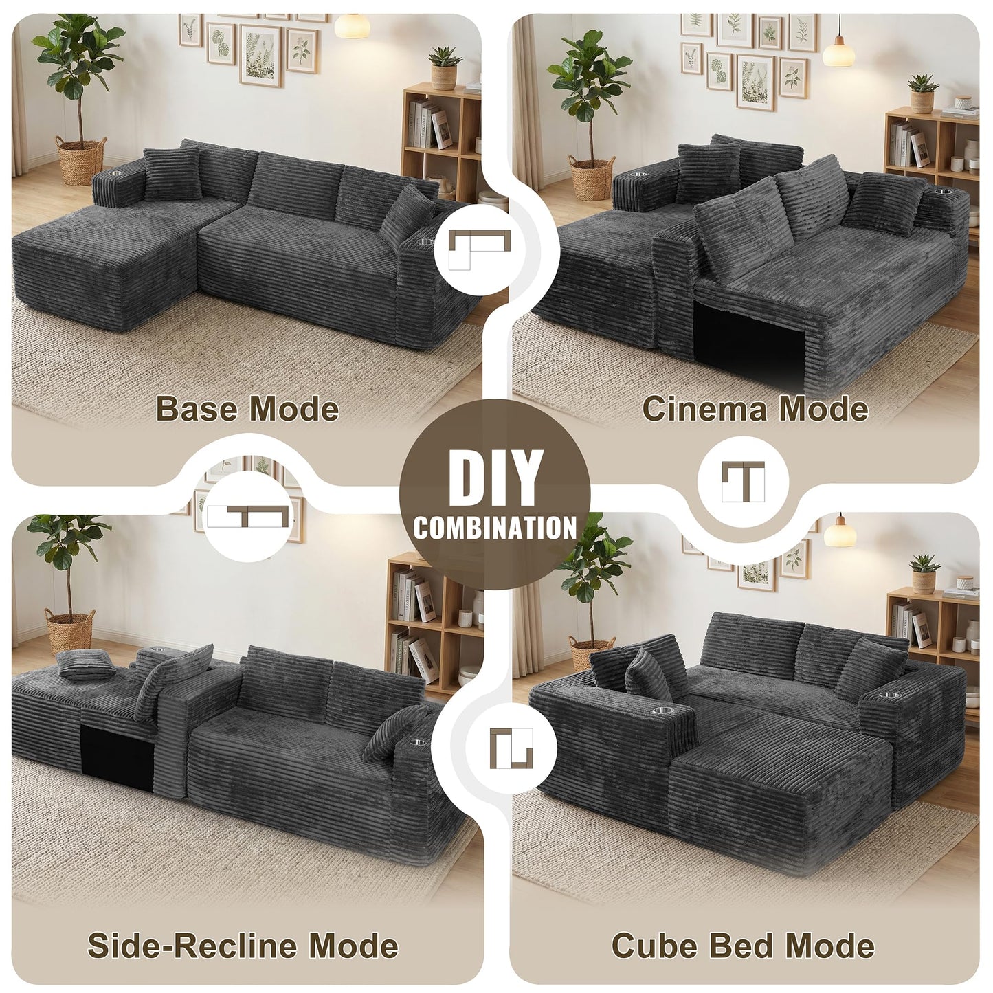 Shintenchi Boneless Couches for Living Room with 2 Cup Holders,L Shaped Modular Sectional Sofa Set,No Assembly Needed Plush Corduroy Living Room Set,Dark Gray