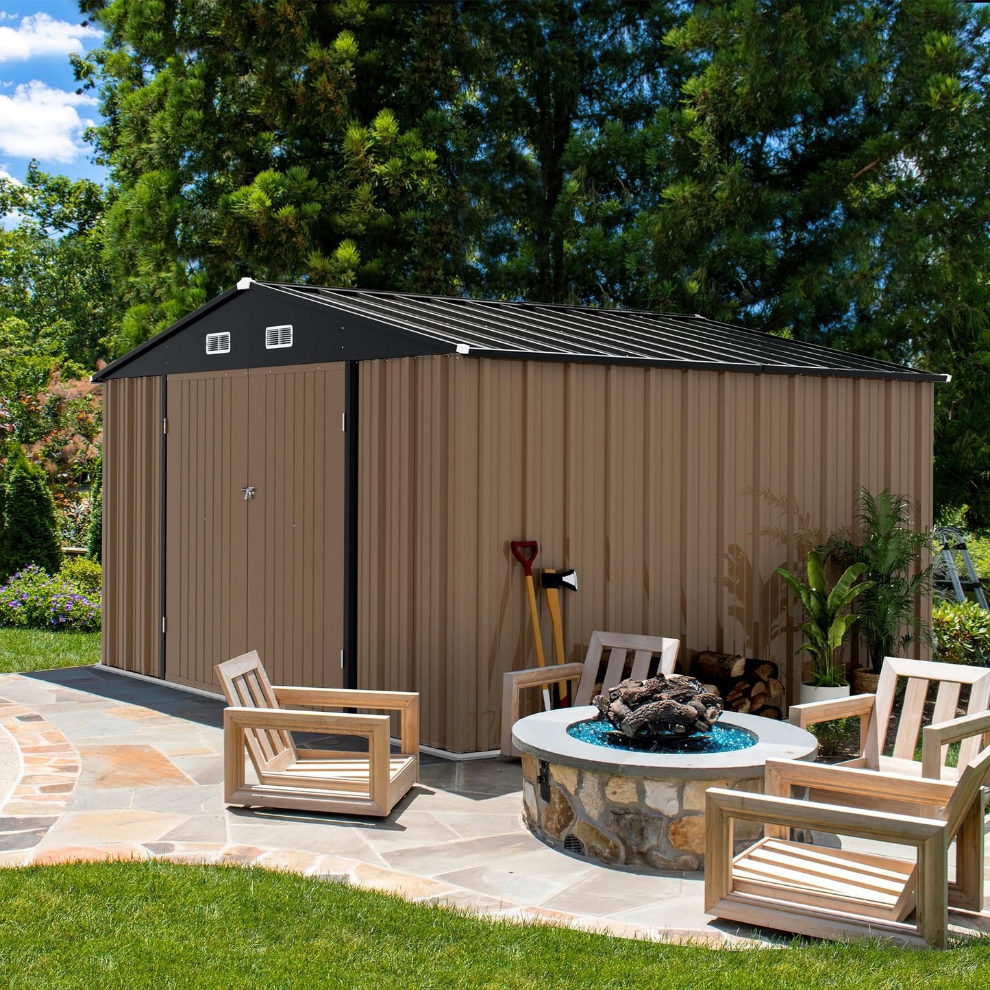 Devoko 10 x 8 FT Outdoor Storage Shed, Metal Garden Sheds & Outdoor Storage Clearance, Large Tool Shed Outdoor with Single Lockable Door for Patio Lawn Backyard (Brown)