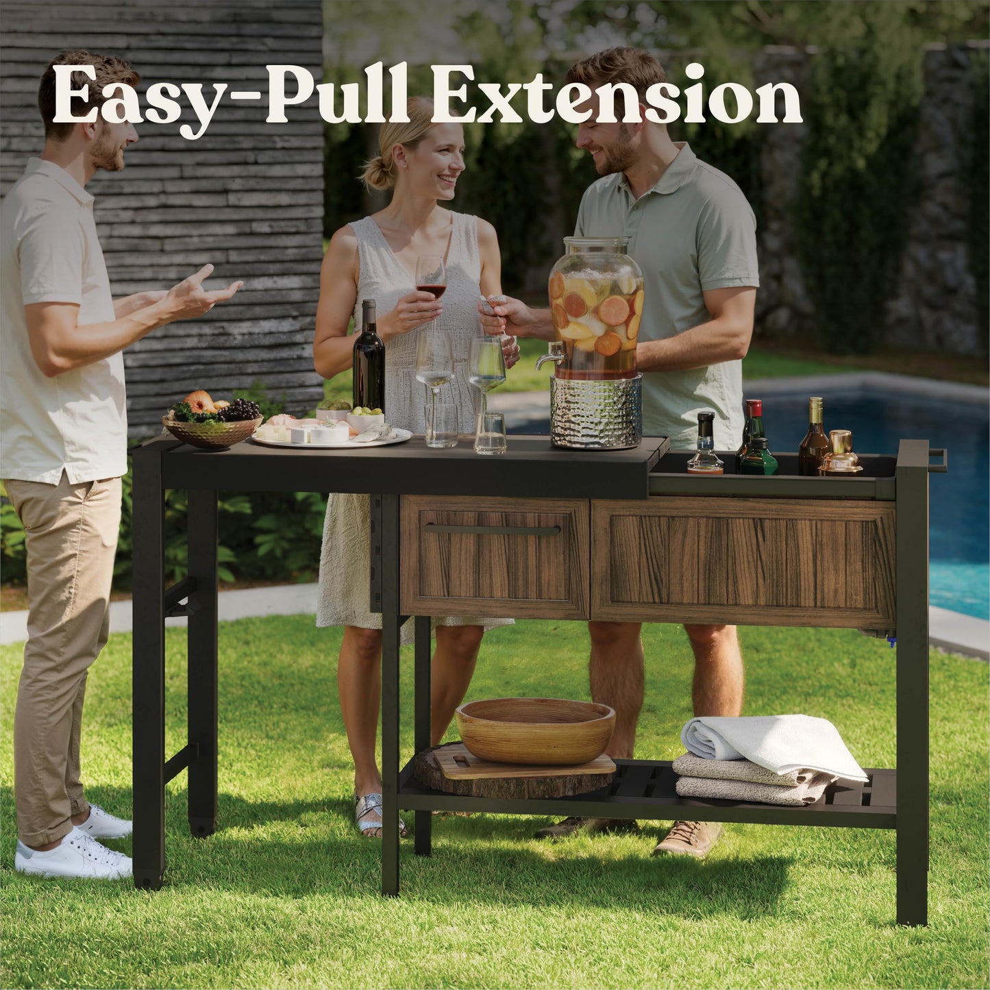 Keter Extendable Outdoor Bar Cart with Hidden Cooler, Storage Drawers & Prep Surface – Mobile Patio Serving Station with Drainage Kit & Hidden Wheels for Backyard, Garden & Poolside Entertaining