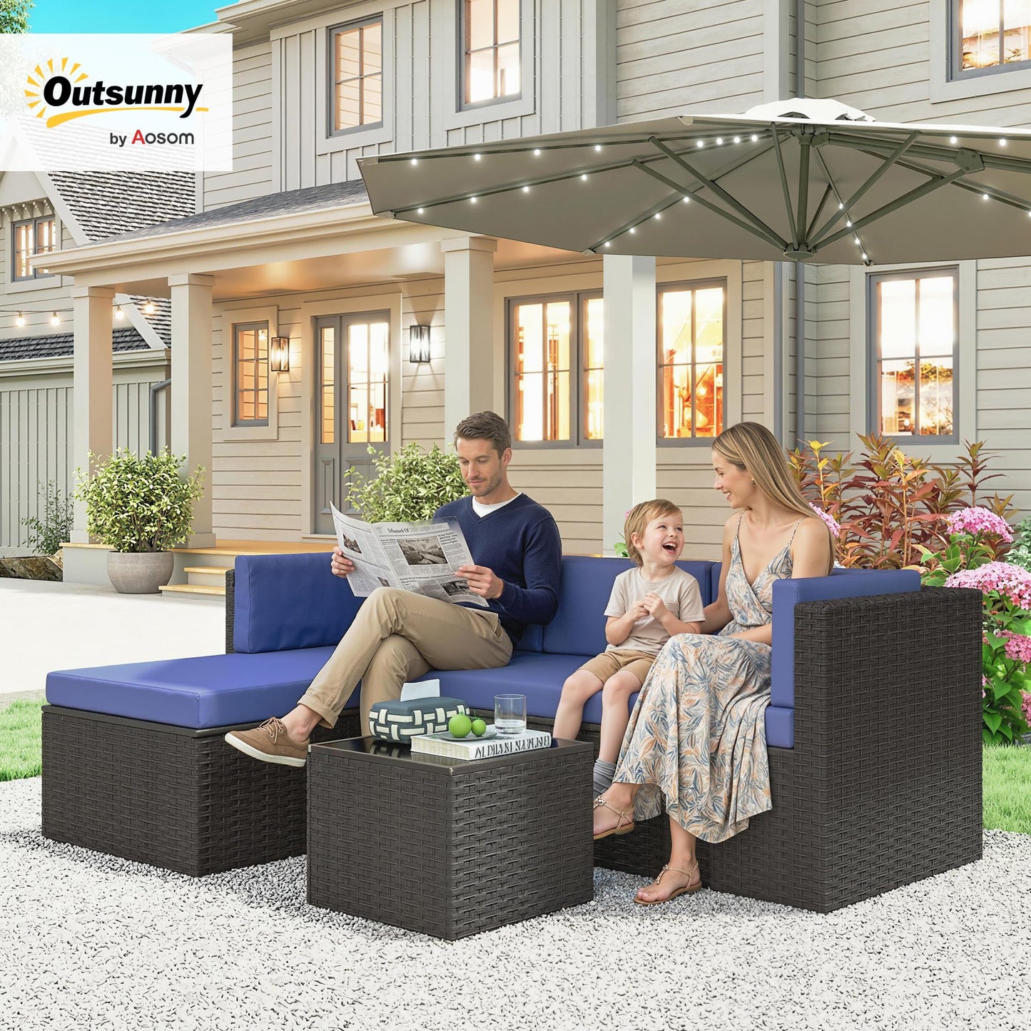 Outsunny 3 Piece Patio Furniture Set, Wicker Rattan Outdoor Patio Conversation Furniture Set with Cushions, Glass Top Coffee Table, Deep Seating for Garden, Backyard, Porch, Navy Blue