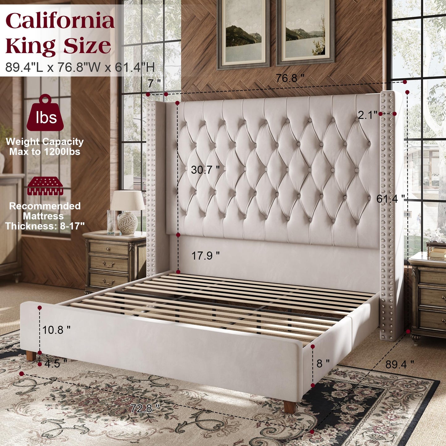 PaPaJet California King Bed Frame with 61.4" Tall Wingback Headboard, Velvet Upholstered Platform Bed, No Box Spring Needed, Noise-Free&Easy Assembly, for Tall Sleepers & Long Master Bedroom, Cream