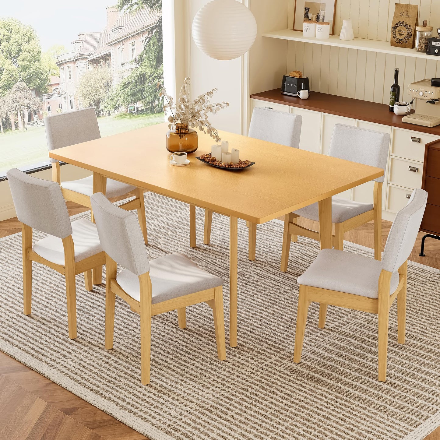 Merax 60" Rustic Farmhouse Dining Table, Minimalist Modern Solid Wood Frame Dining Table for Kitchen, Living Room, Natural