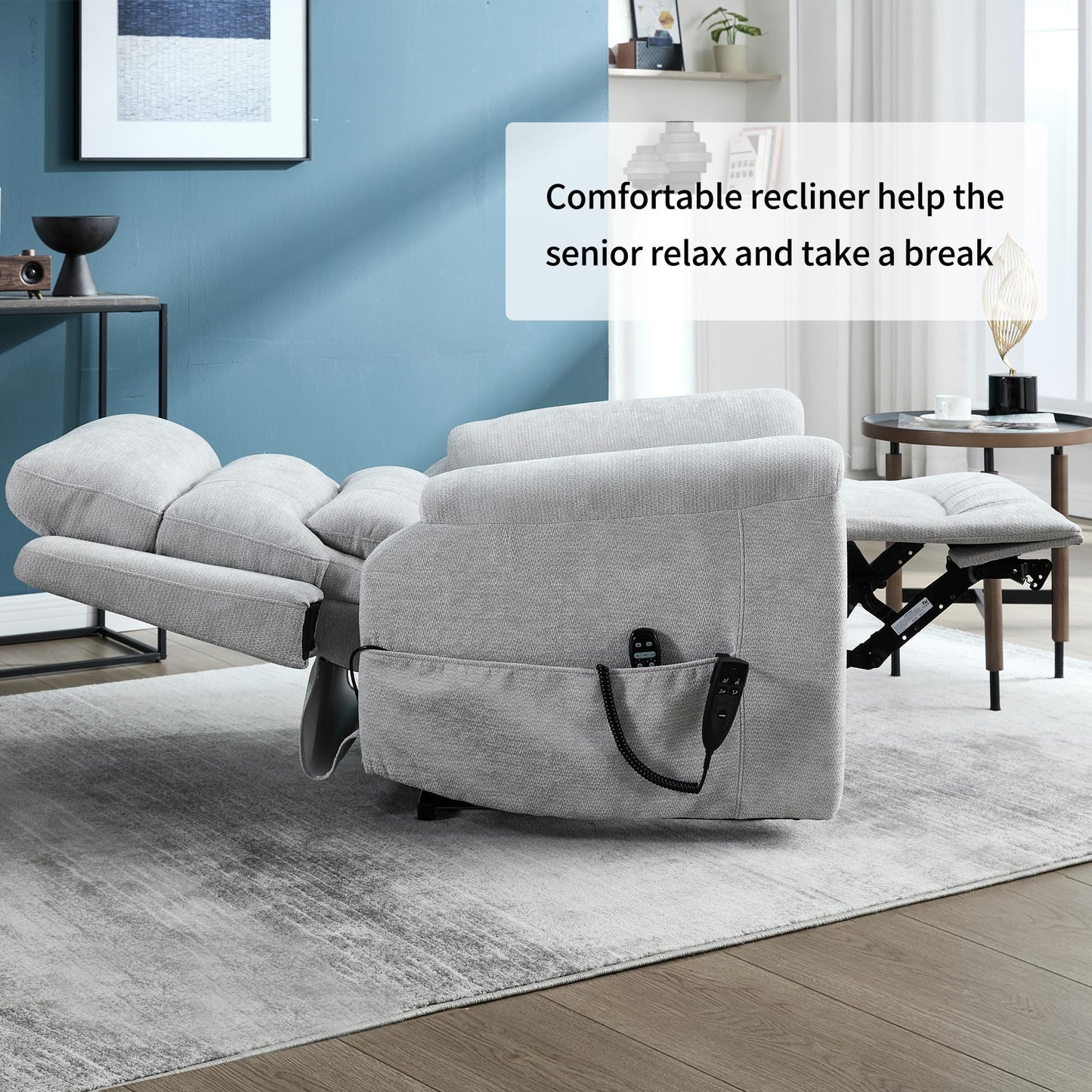 KEIKI Dual Motor Power Lift Recliner Chair with Massage & Heat, Leatherair Upholstery, Heavy Duty Motion Mechanism, Pillow Back & Arms, 8-Point Vibration, Lumbar Heating, American Style, Light Grey