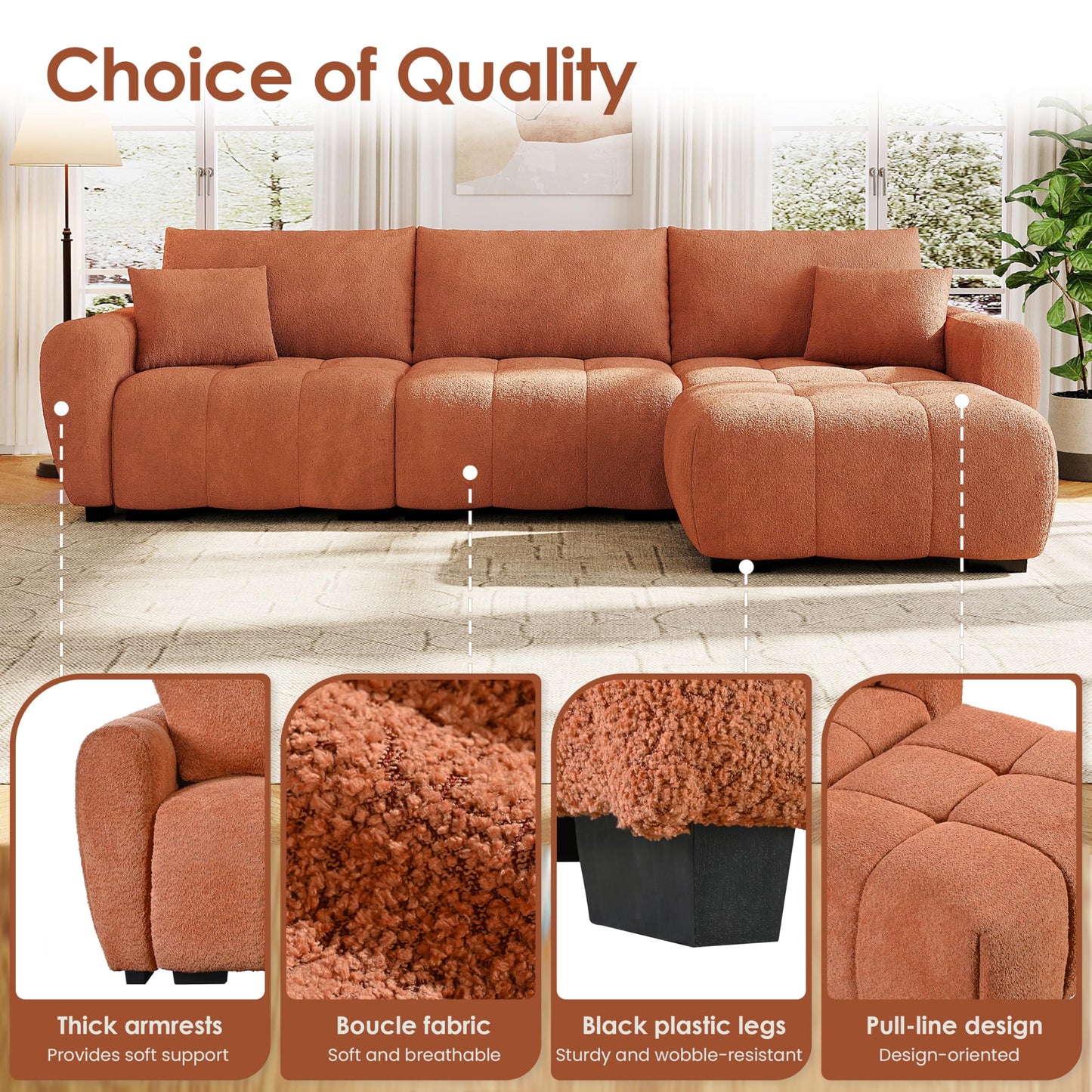 ERYE 110" L-Shaped Sectional Sofa 4 Seat Tufted Sofa Couches with Ottoman, Oversized Tufted Boucle Upholstered Corner Sectional Couch for Living Room Home Apartment