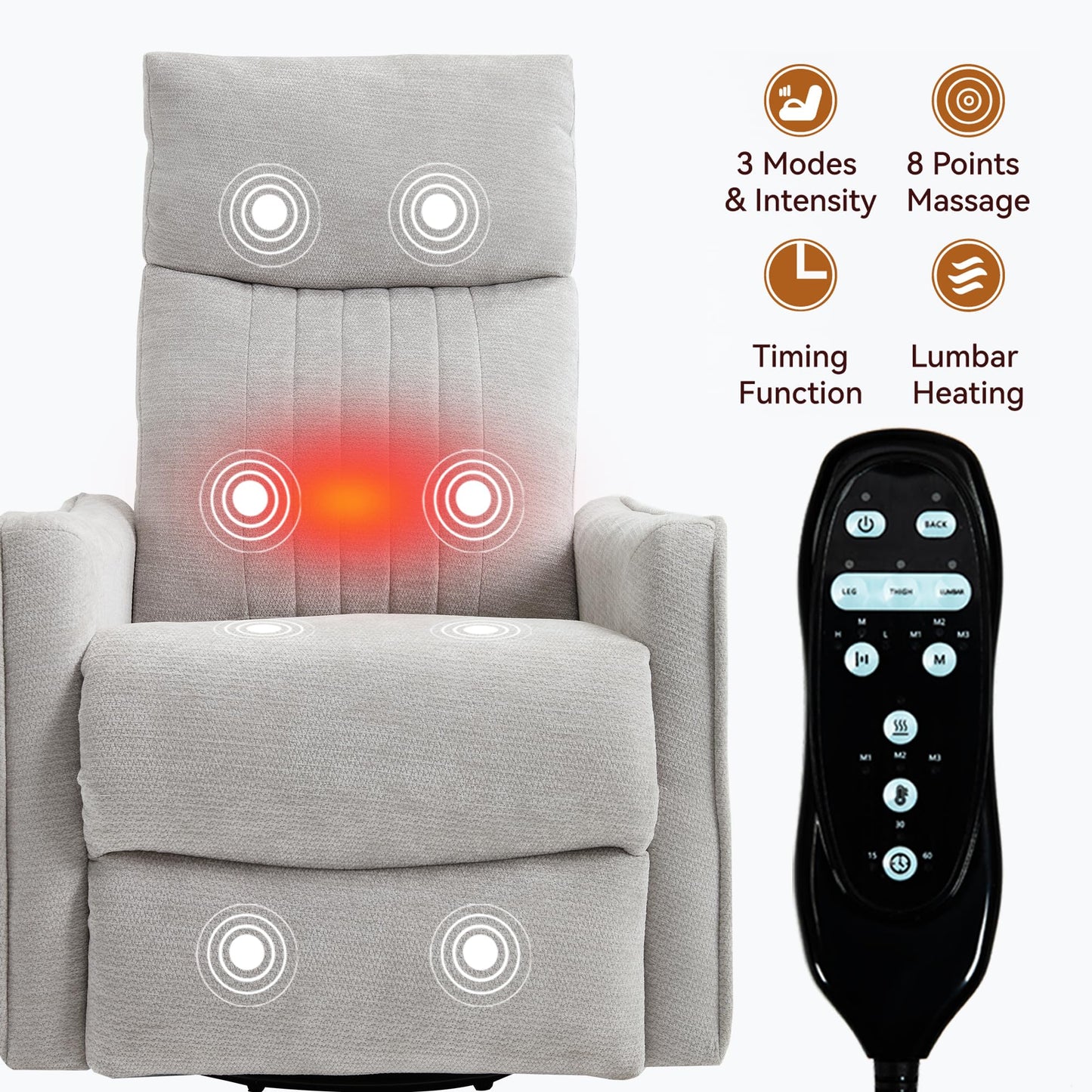 KEIKI 4-in-1 Manual Swivel Rocker Recliner Chair for Living Room, Chenille Nursery Glider Rocking Chairs with Back Massager & Heat, Comfortable Reading Chair Modern Bedroom Furniture, Light Grey