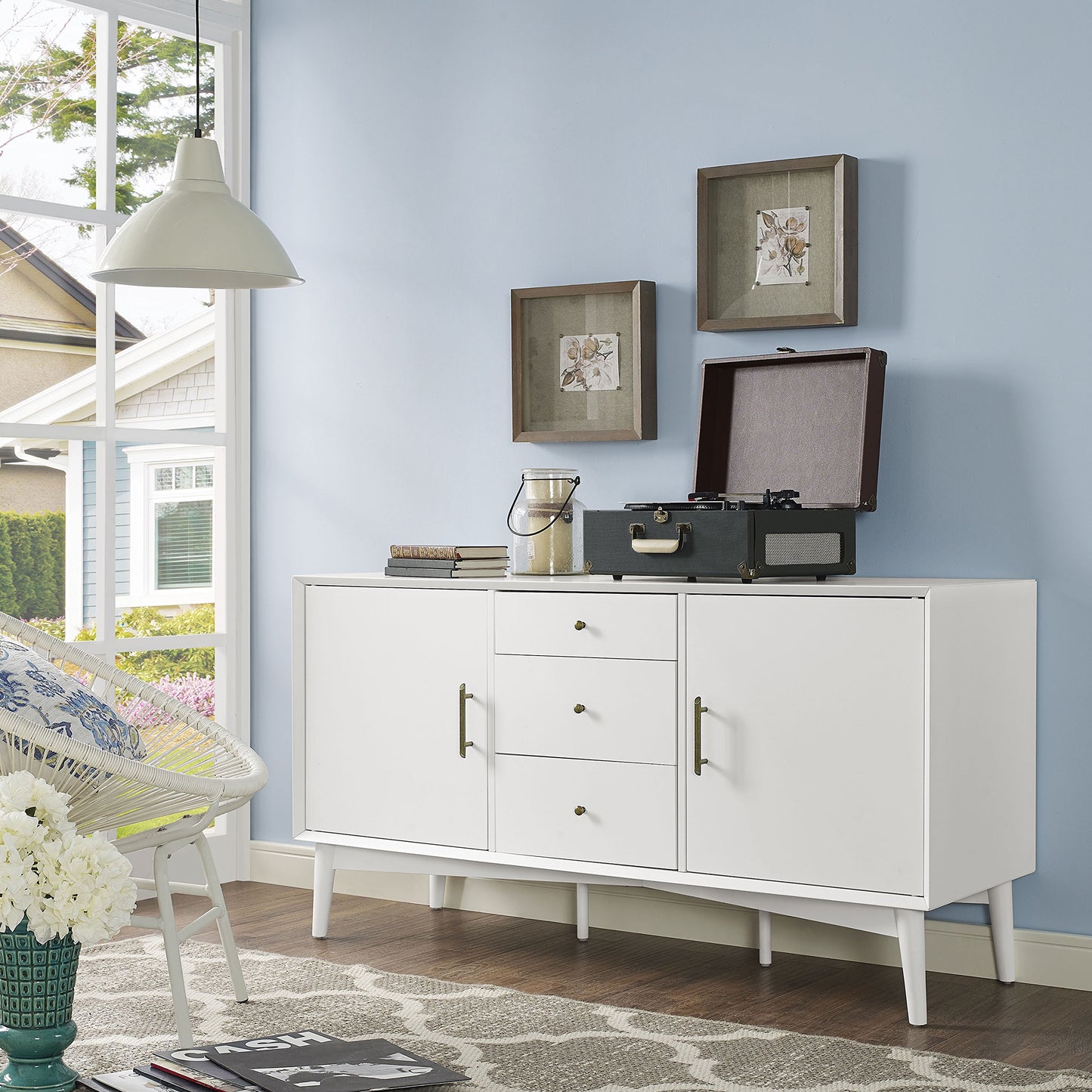 Crosley Furniture Landon Mid Century Sideboard Buffet Cabinet with Storage, White