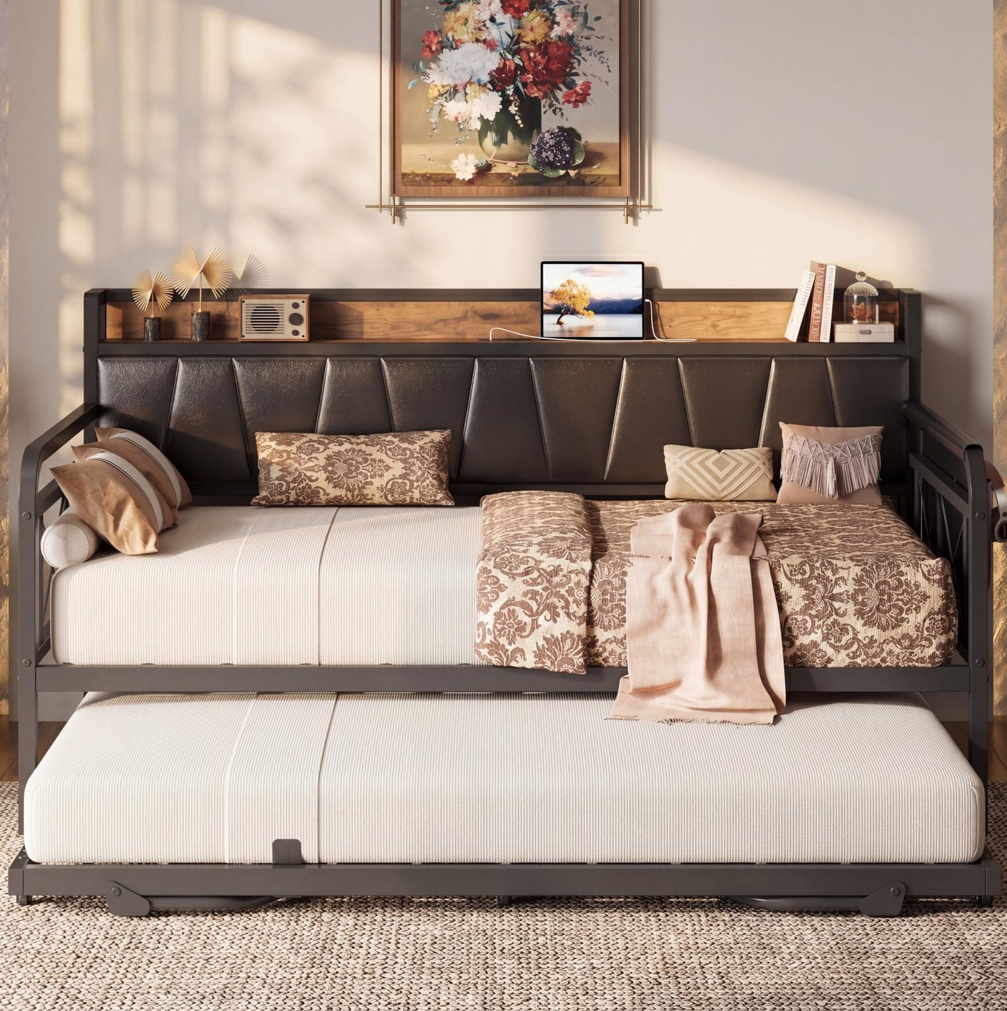 LIKIMIO Twin Daybed, Day Bed with Trundle, Storage Upholstered Headboard and Charging Station, Trundle Bed with Strong Supports for Living Room, Bedroom, and Guest Room, Black